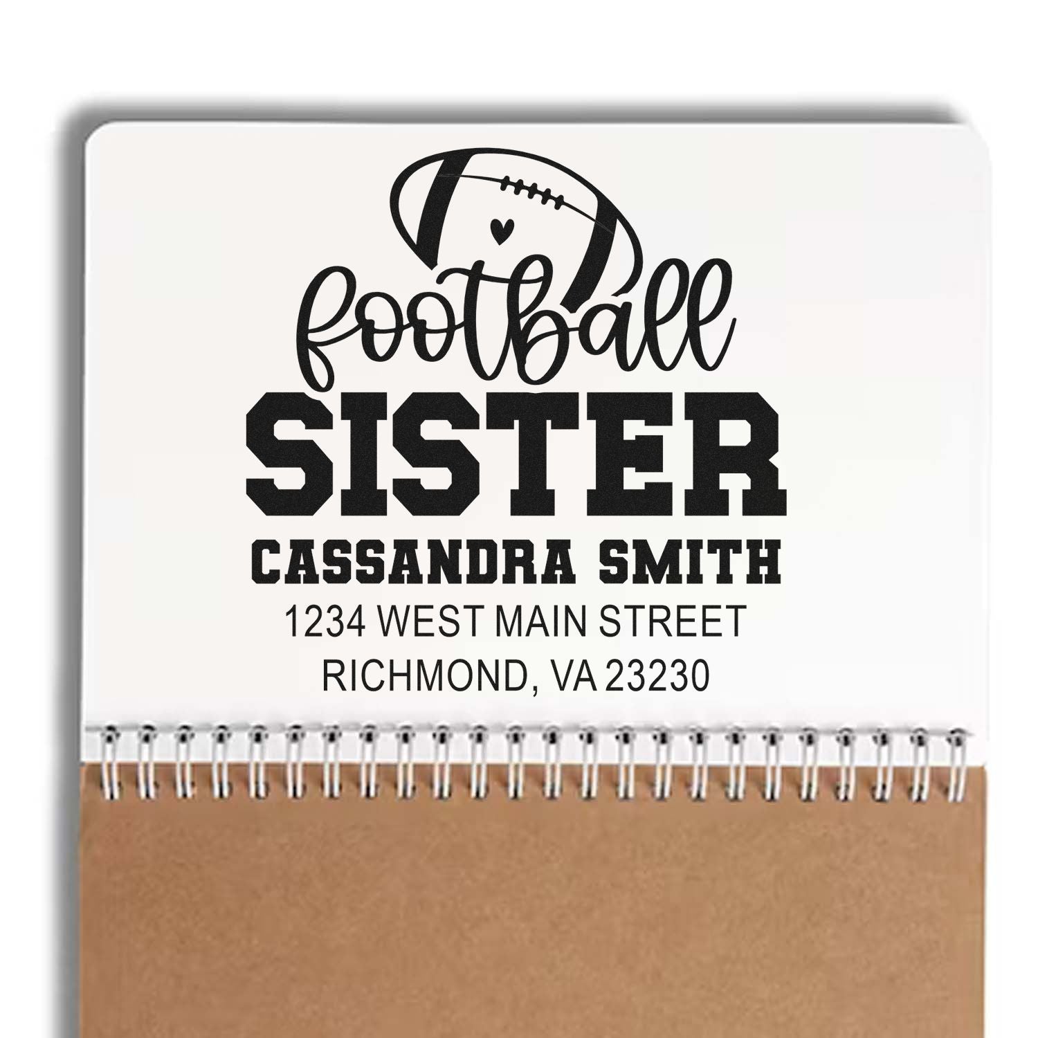 Custom football sister rubber stamp with name and address for Cassandra Smith in Richmond, VA.