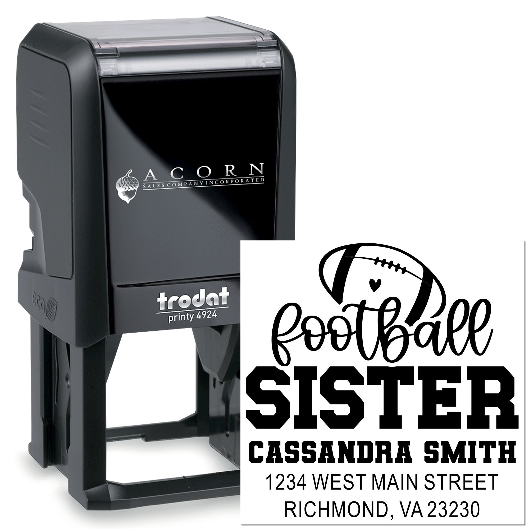 Custom self-inking rubber stamp for Football Sister with name and address imprint, ideal for personalized mail and gifts.