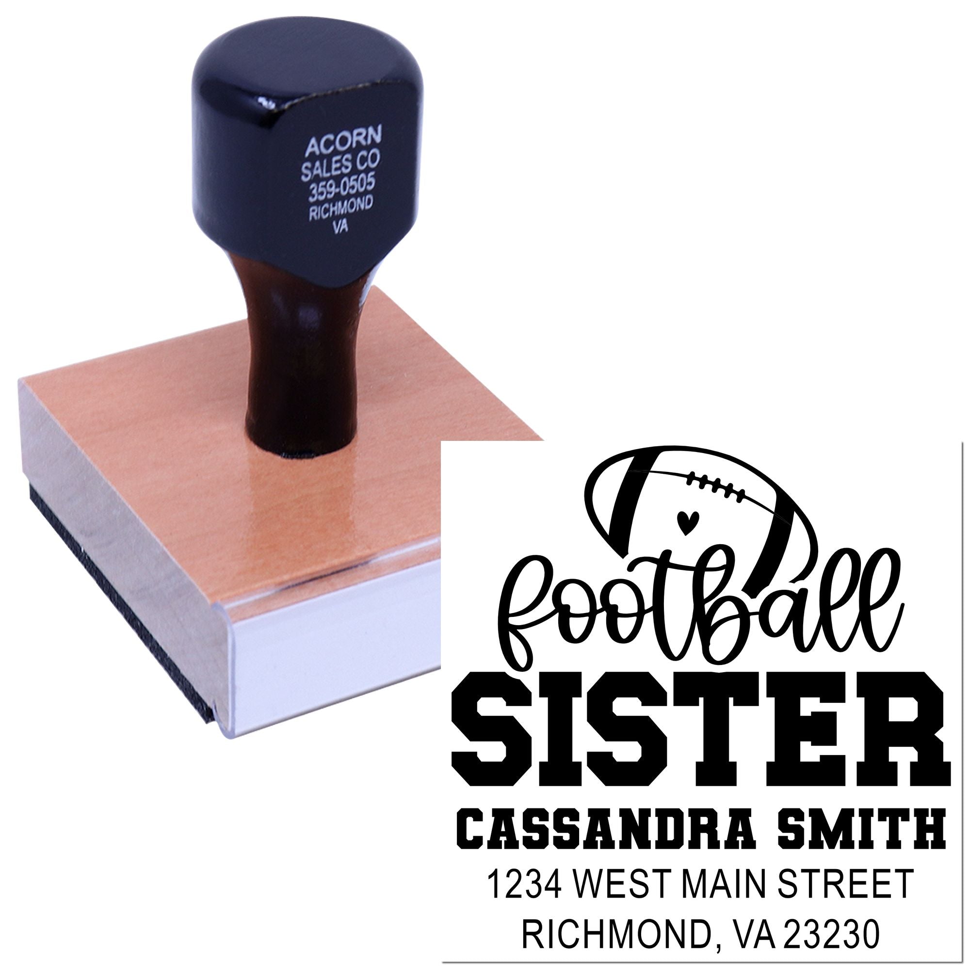 Custom football sister rubber stamp with name and address for personalized stationery, gifts, and sports fan crafts.
