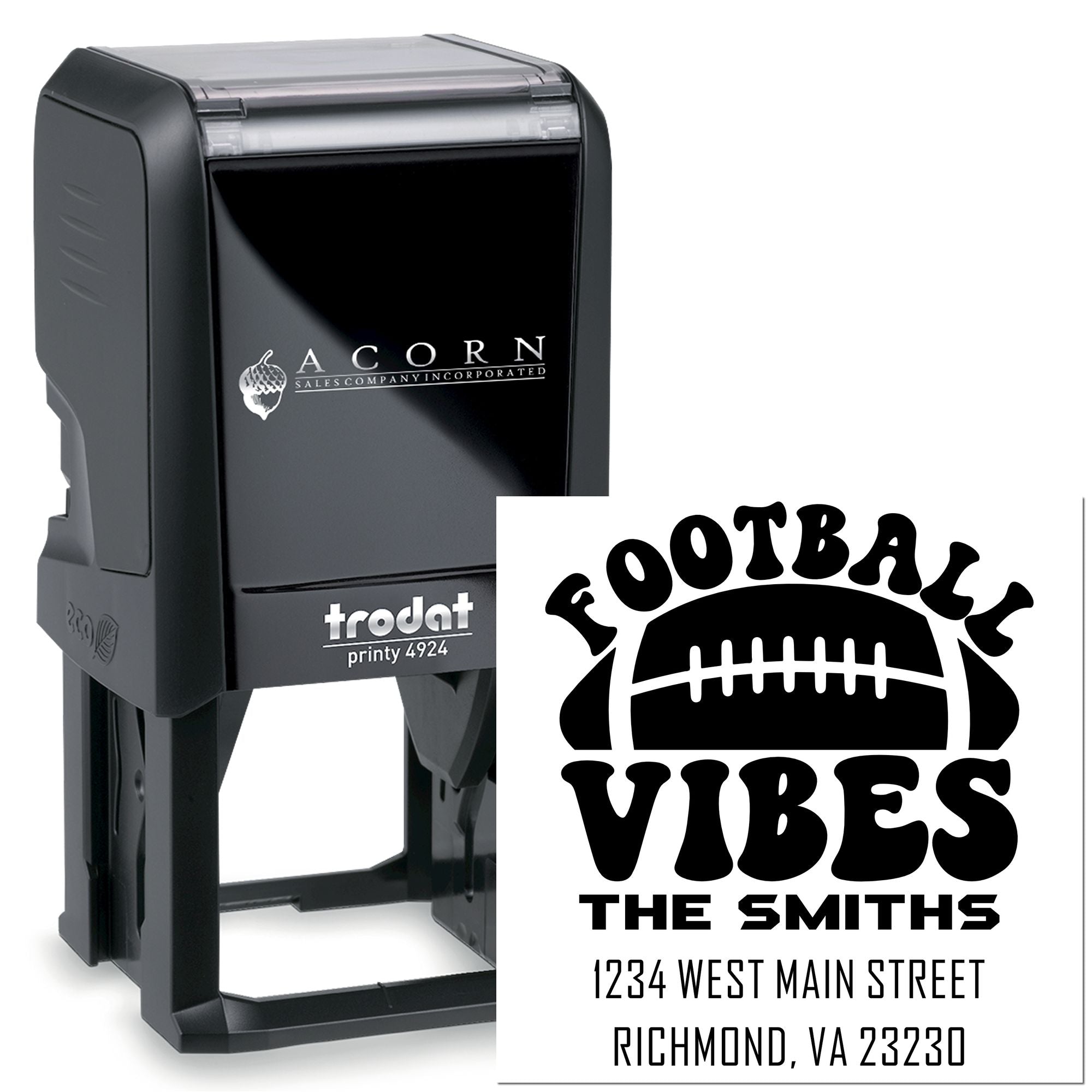 Custom self-inking address rubber stamp with football vibes design, using Trodat Printy 4924 for personalized mailings.