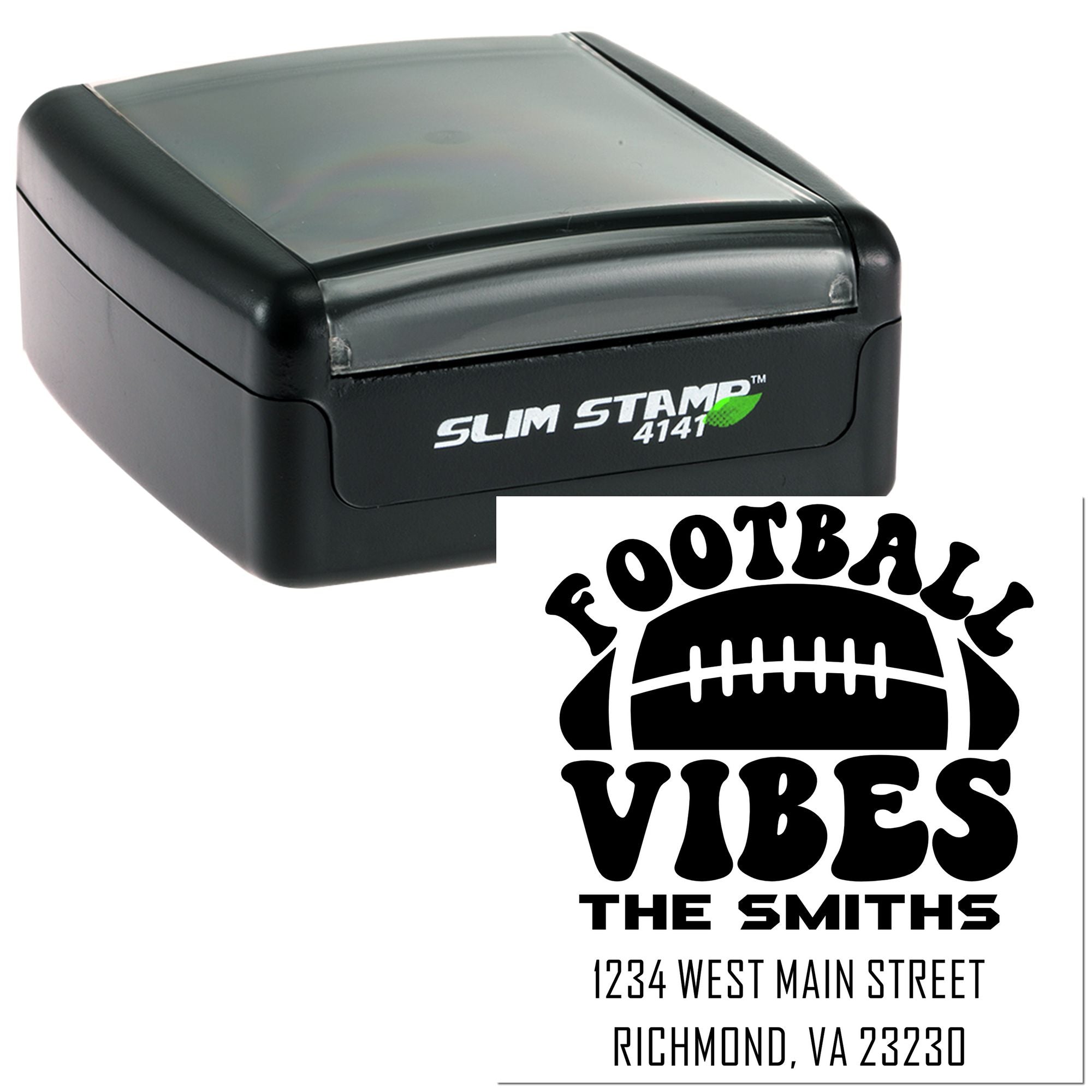 Custom self-inking rubber stamp with Football Vibes design, The Smiths address imprint for personalized mailings