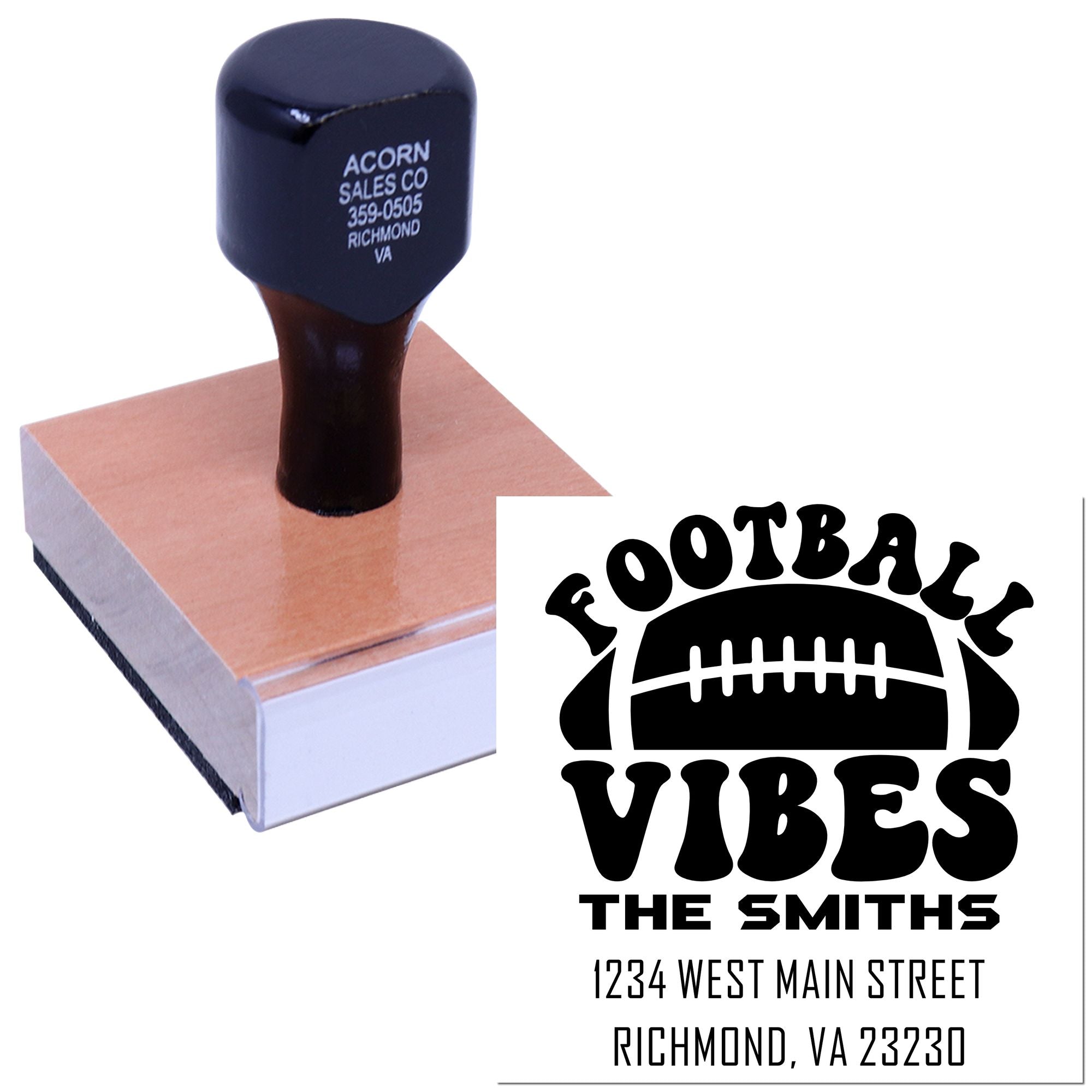 Personalized self-inking rubber stamp with football vibes design and custom name and address imprint.