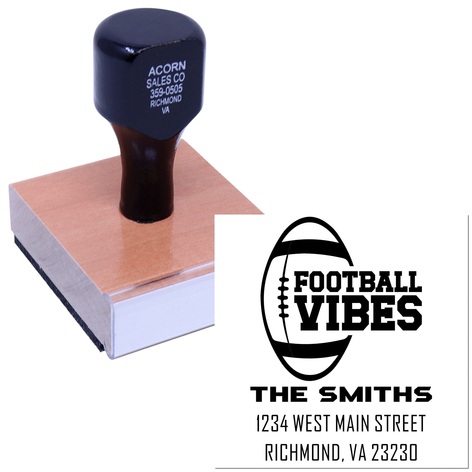 Football-themed custom return address rubber stamp for The Smiths, showing name, street address, and Richmond, VA.