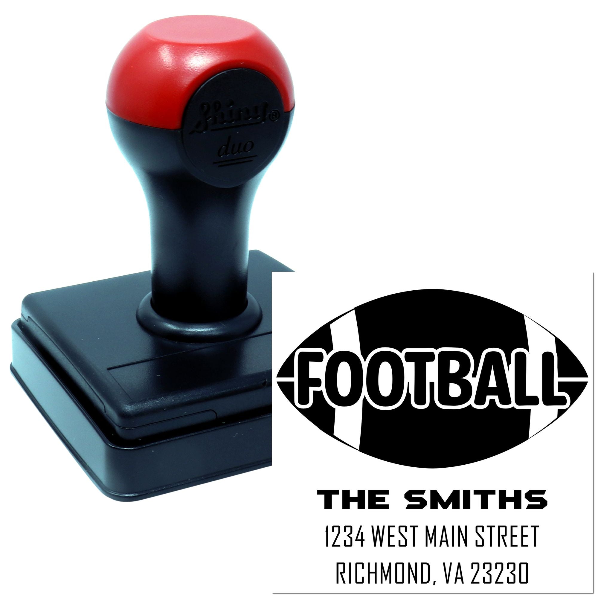 Custom football-shaped address rubber stamp with self-inking stamp and imprint for The Smiths, Richmond, VA 23230.