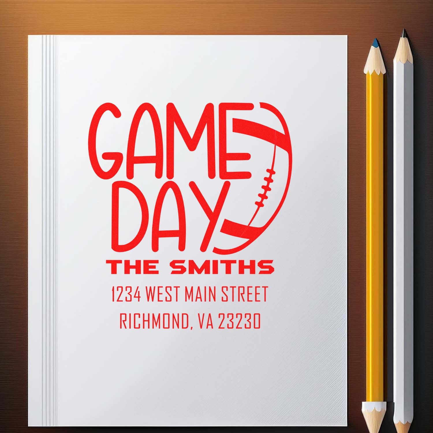 Personalized Game Day rubber stamp with football graphic, The Smiths name, and Richmond, VA return address.