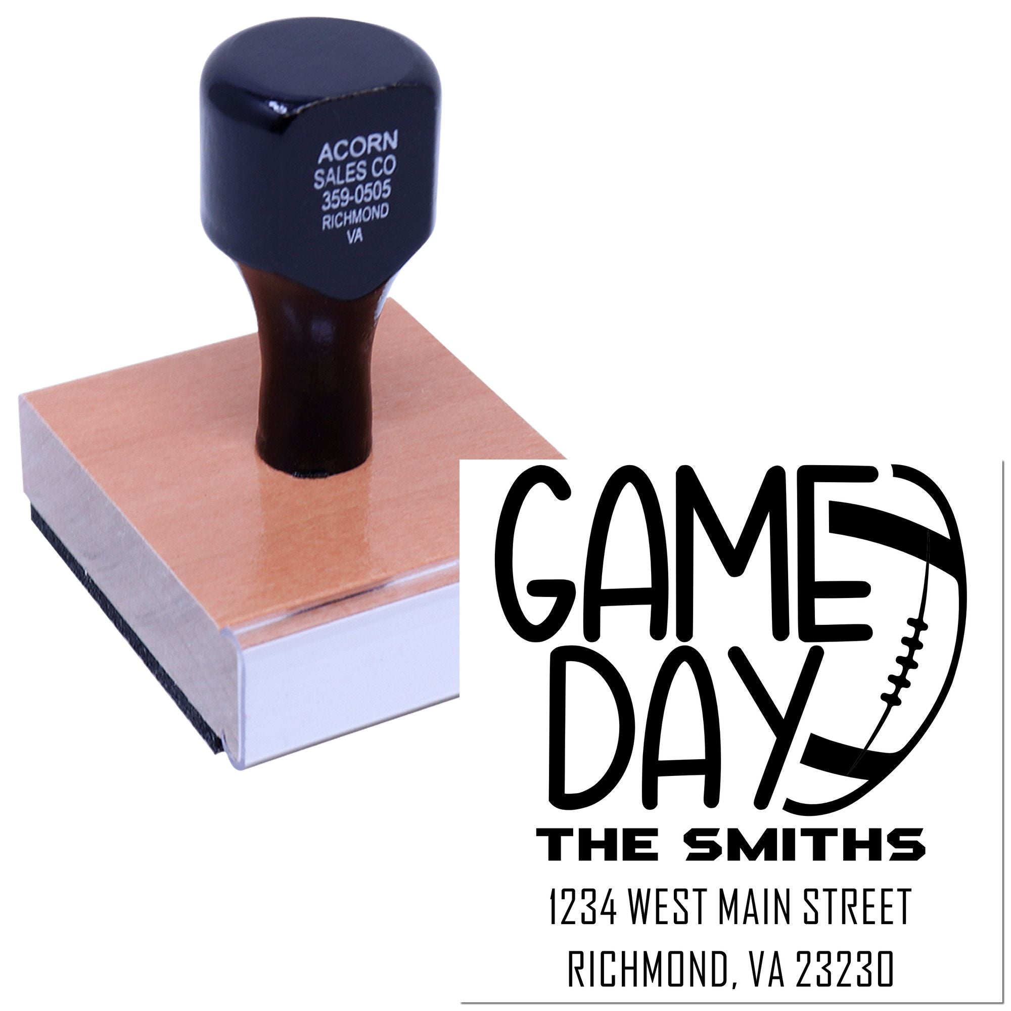 Custom rubber stamp with Game Day football design and personalized The Smiths address imprint for sports-themed mailings