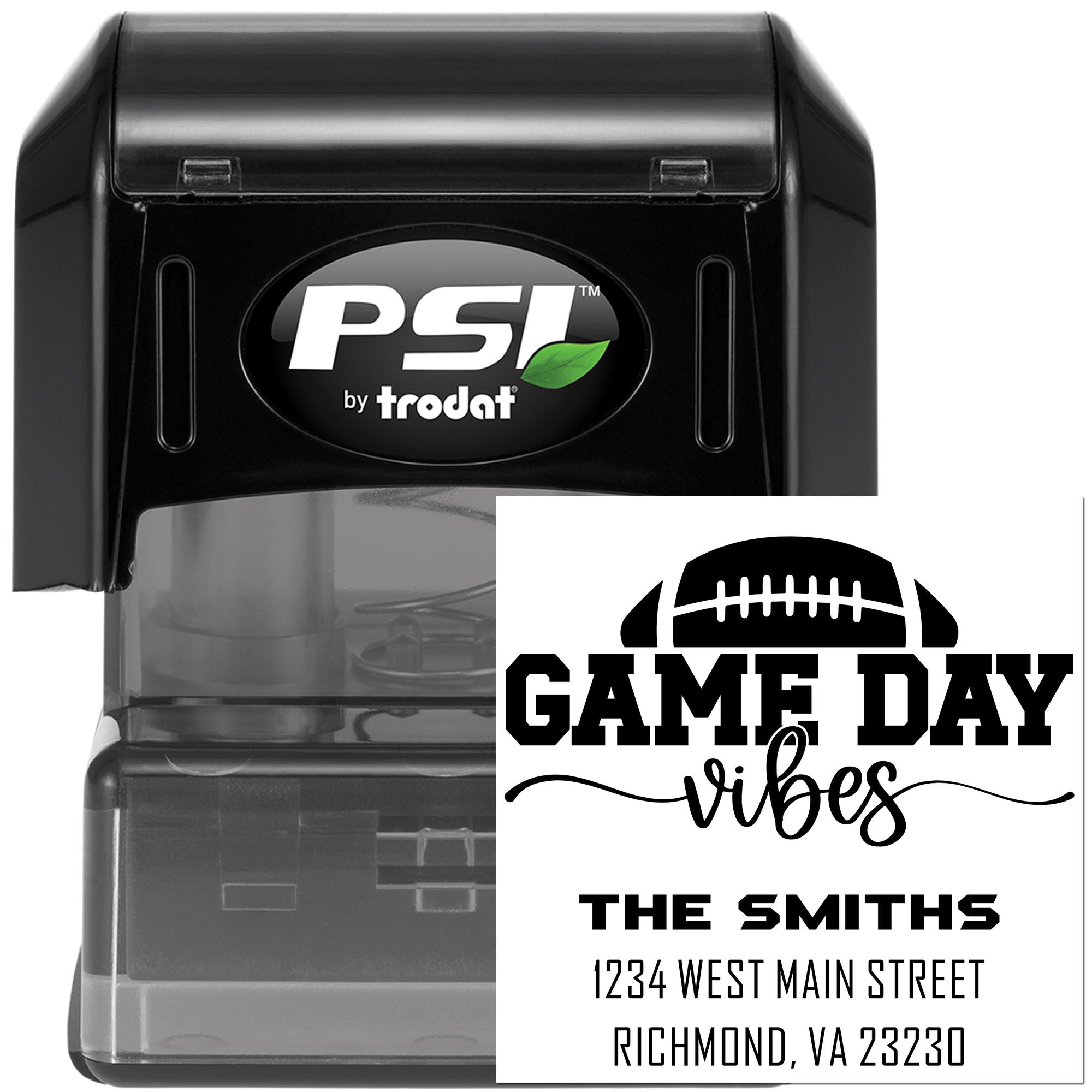 Custom football game day self-inking rubber stamp by PSI Trodat with personalized address and Game Day Vibes design