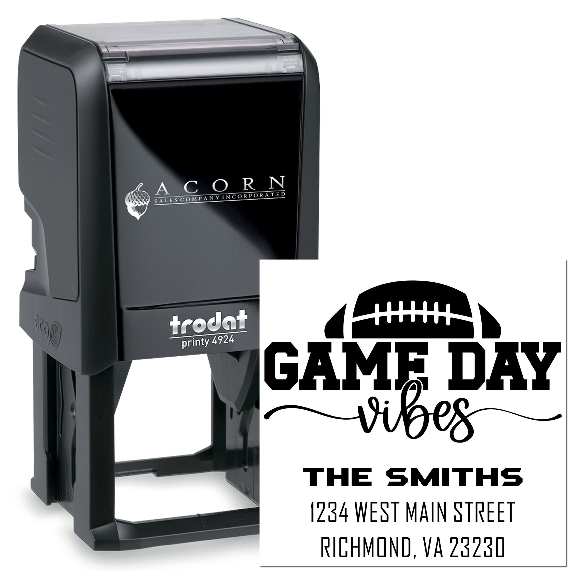 Custom self-inking rubber stamp with football game day address design for personalized mail and fan gifts.