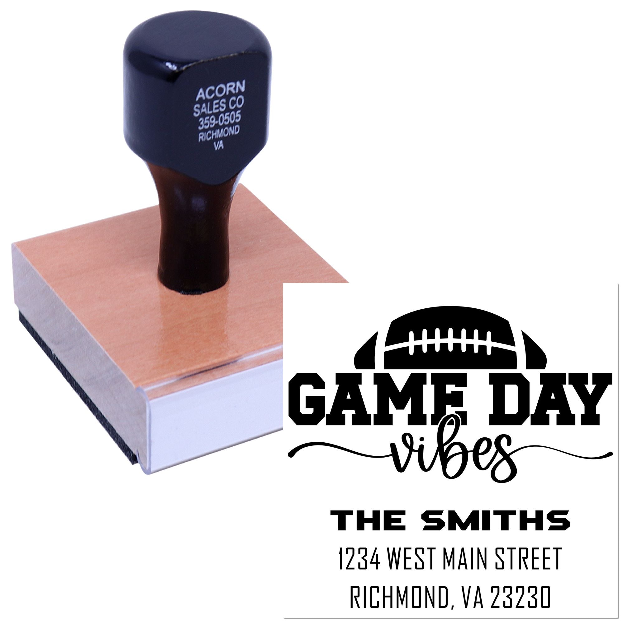 Personalized football Game Day rubber stamp with return address imprint for invitations, mailings, and fan events.