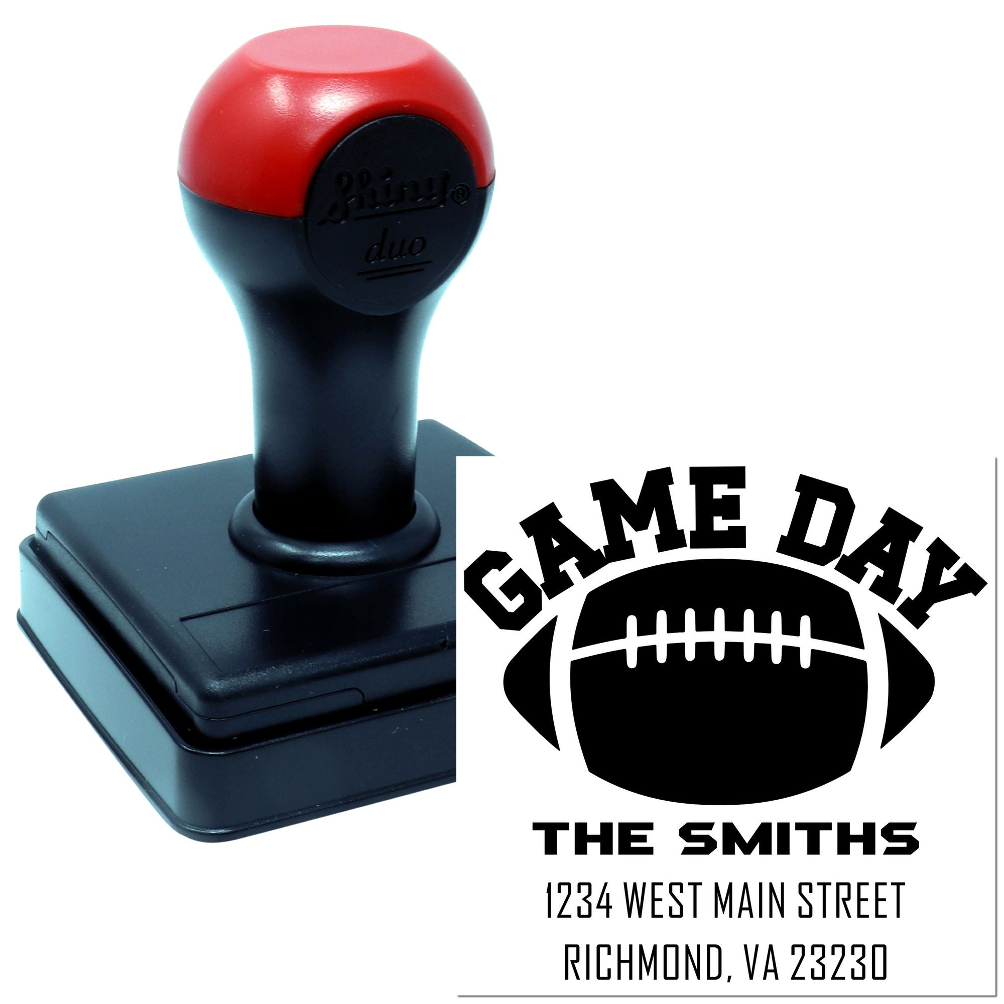 Custom self-inking rubber stamp with football game day design and return address for personalized sports invitations and mail.
