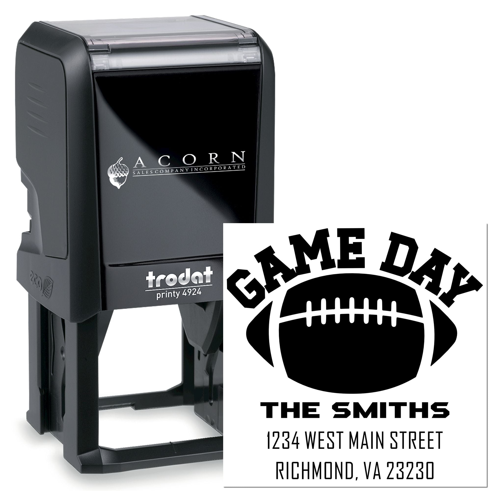 Custom self-inking rubber stamp with football game day design and The Smiths address for personalized mailing.