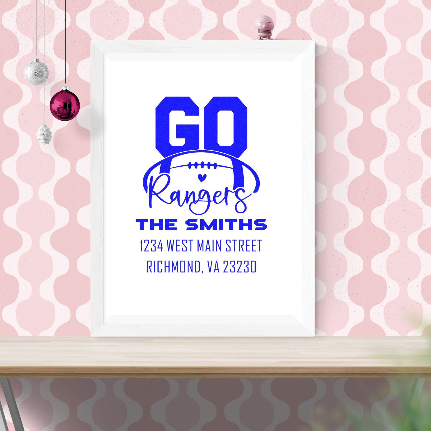 Custom rubber stamp design with football Go Rangers for The Smiths, featuring return address in Richmond, VA.