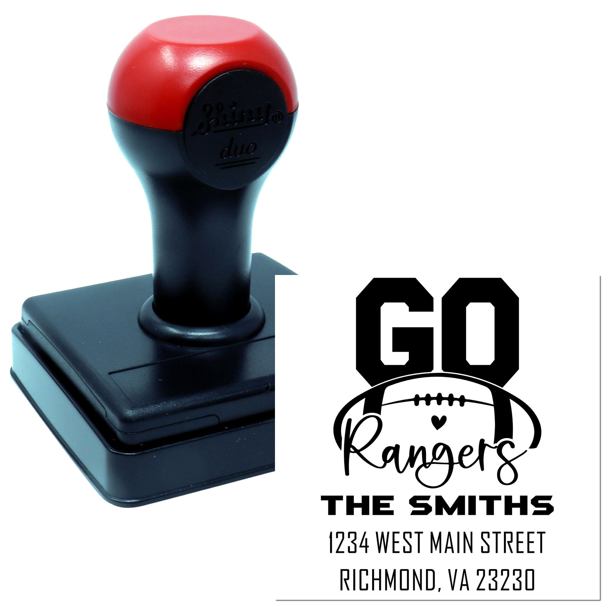 Custom self-inking rubber stamp with football Go Rangers return address design for personalized mailings.