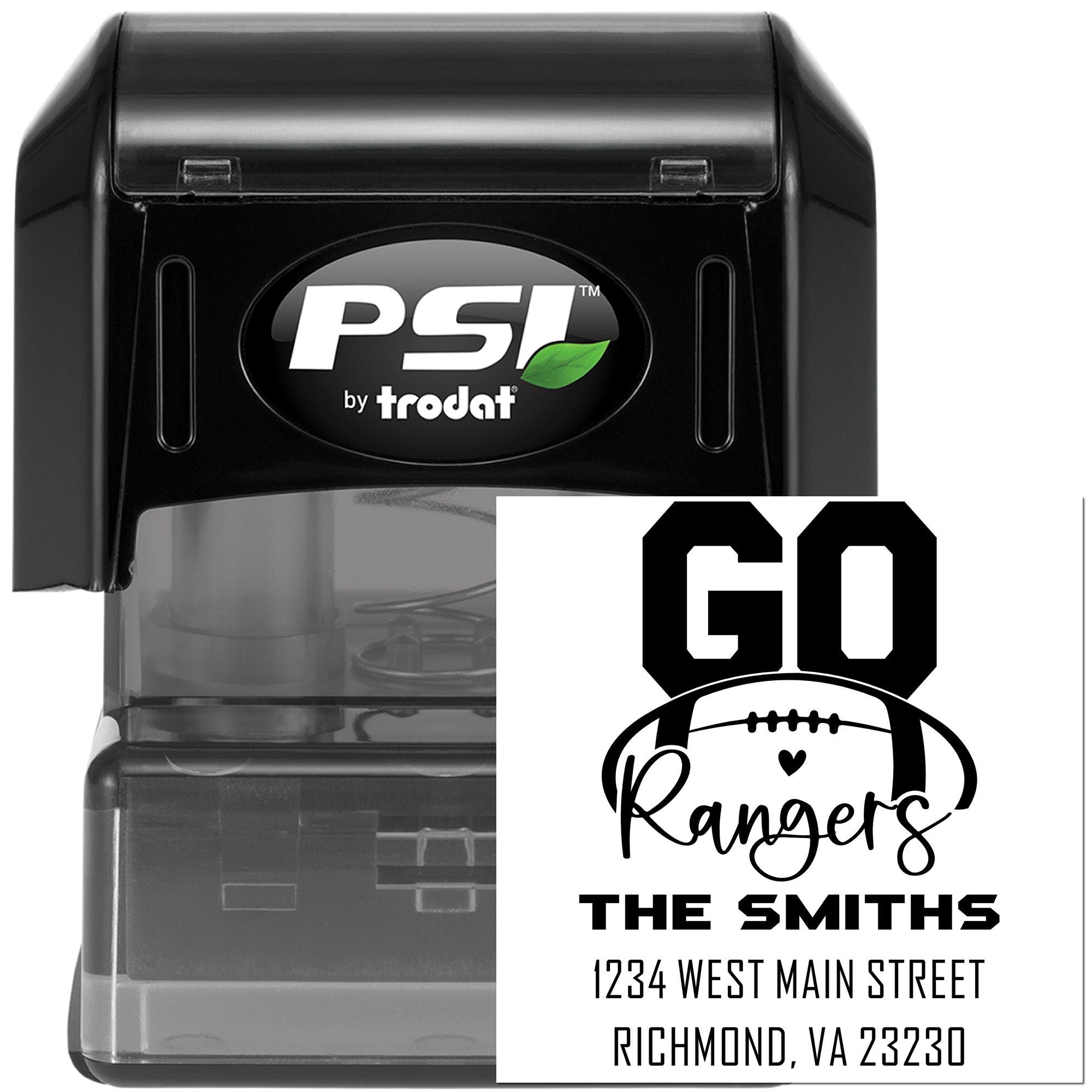 PSI by Trodat custom football Rangers self-inking rubber stamp with family name and address for personalized mailings