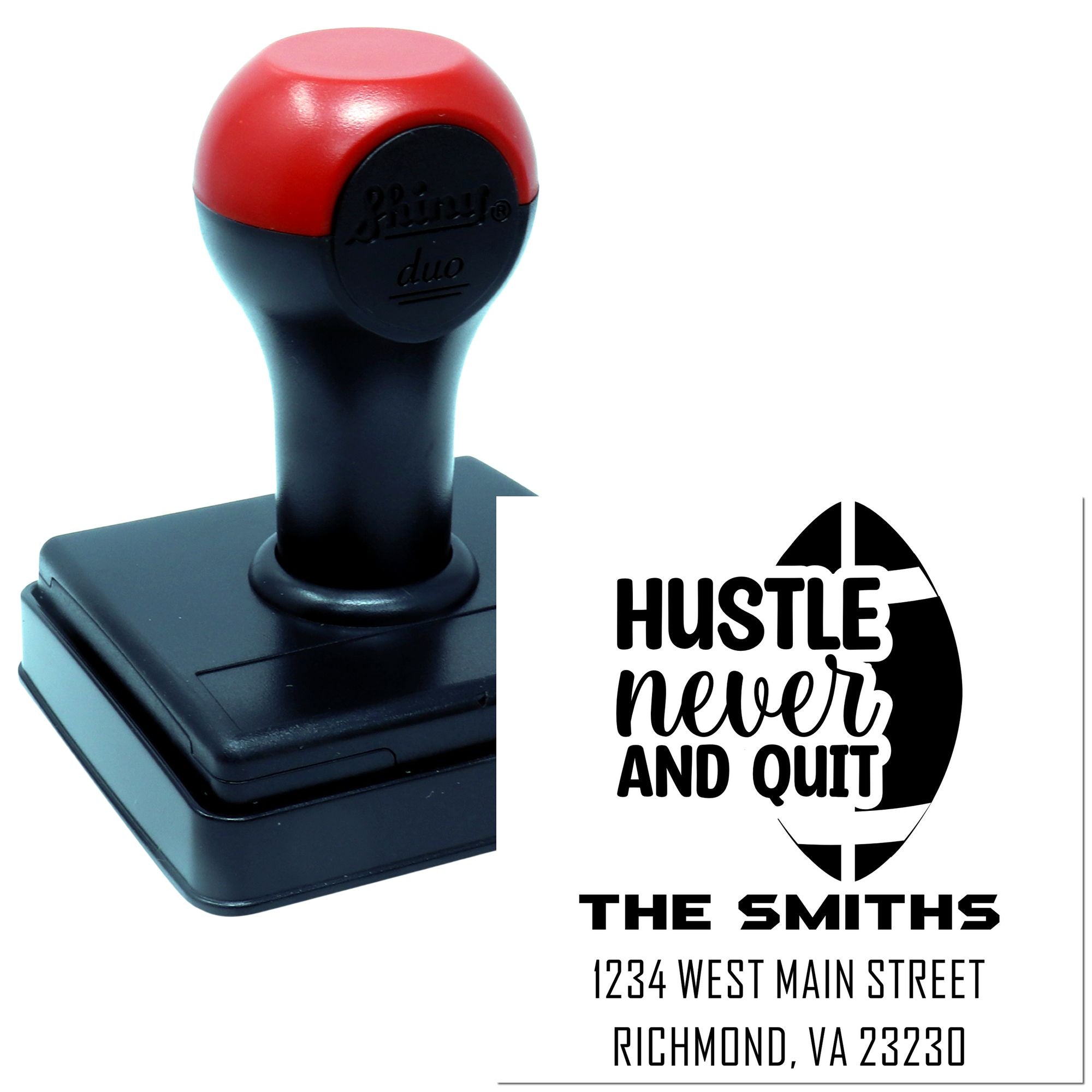 Custom self-inking rubber stamp for personalized address use, with Hustle Never Quit family name design imprint