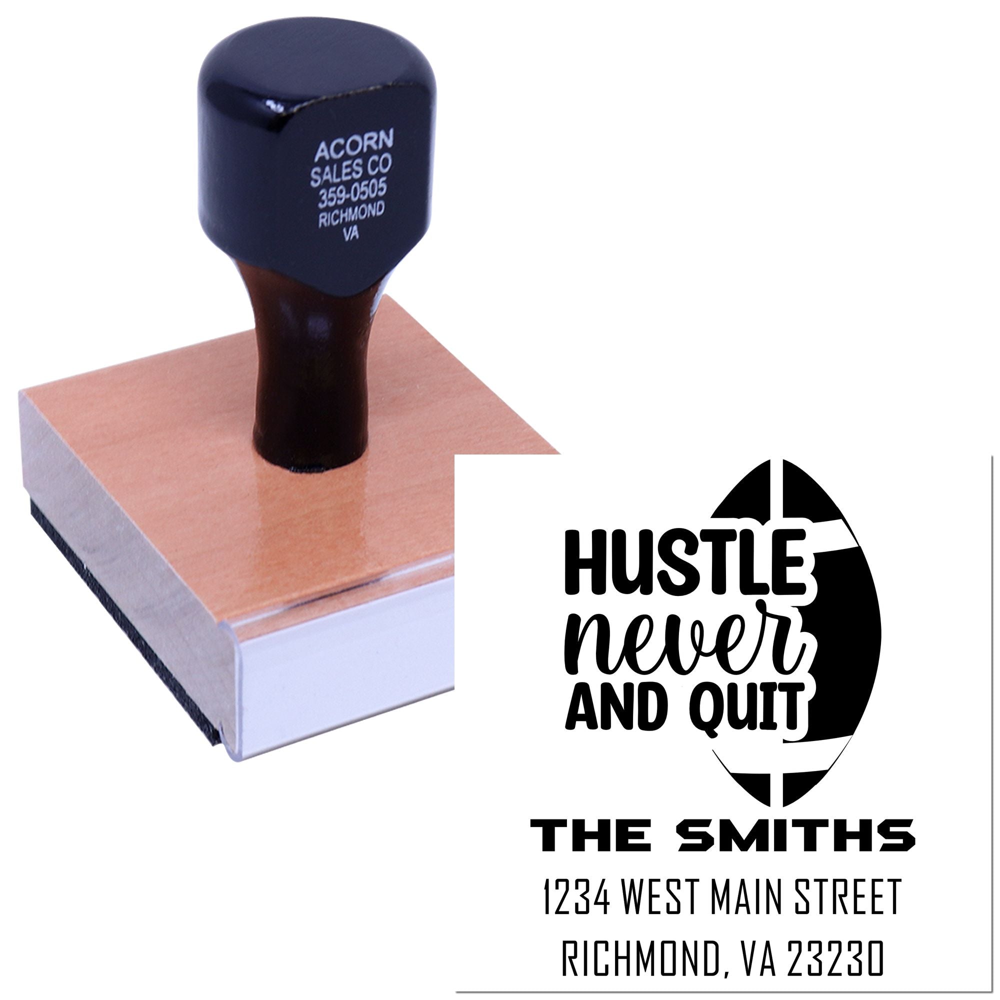 Custom rubber stamp with Hustle Never Quit design and The Smiths return address for branding.