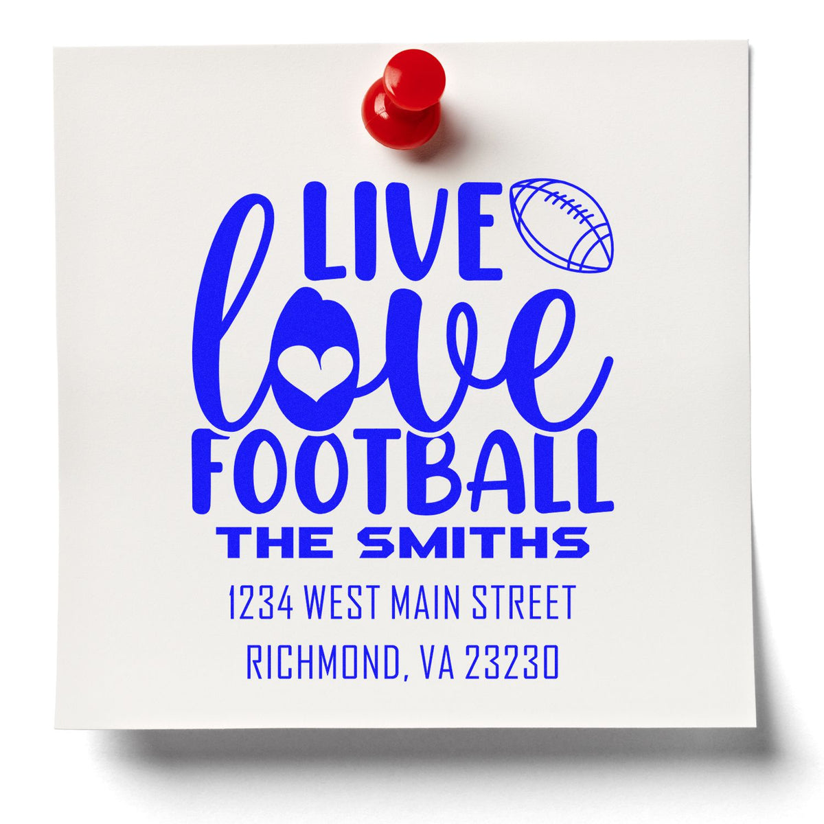 Personalized football rubber stamp with Live Love Football and The Smiths Richmond, VA return address.