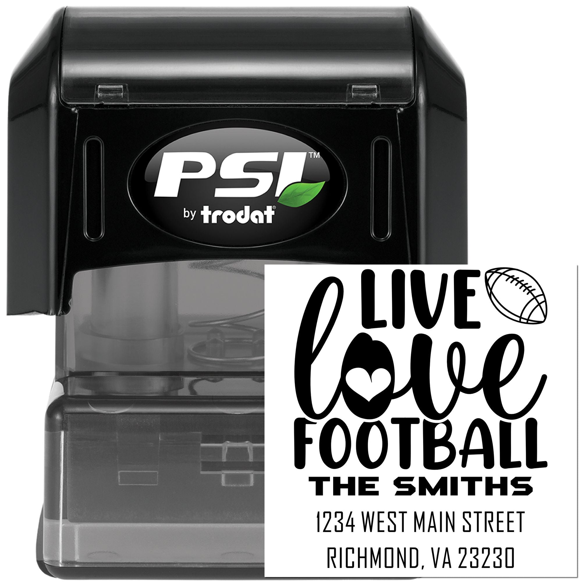 Custom self-inking rubber stamp with football Live Love Football return address design for the Smiths, Richmond VA.