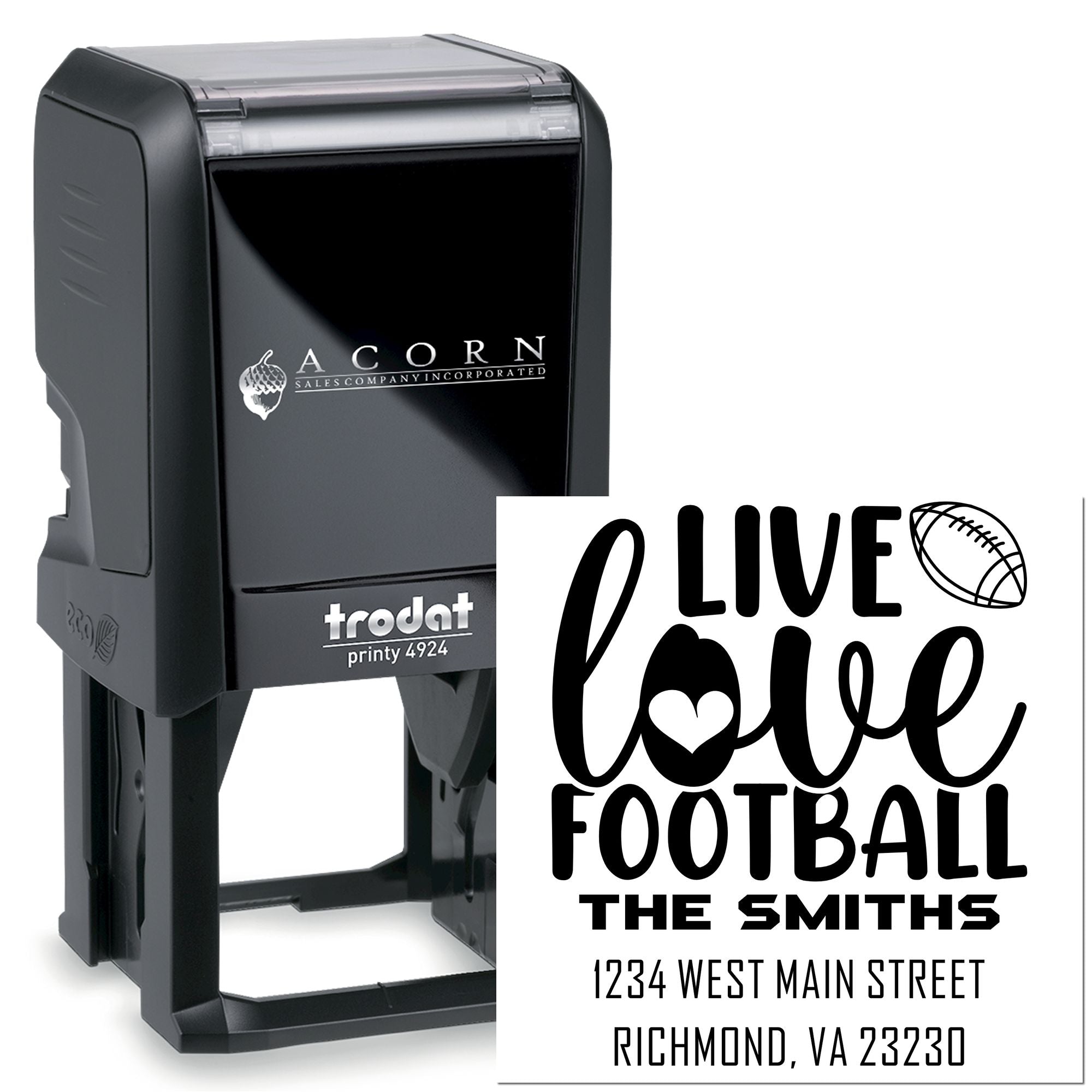 Custom self-inking rubber stamp for football fans, creating personalized return address impressions with Live Love Football design.