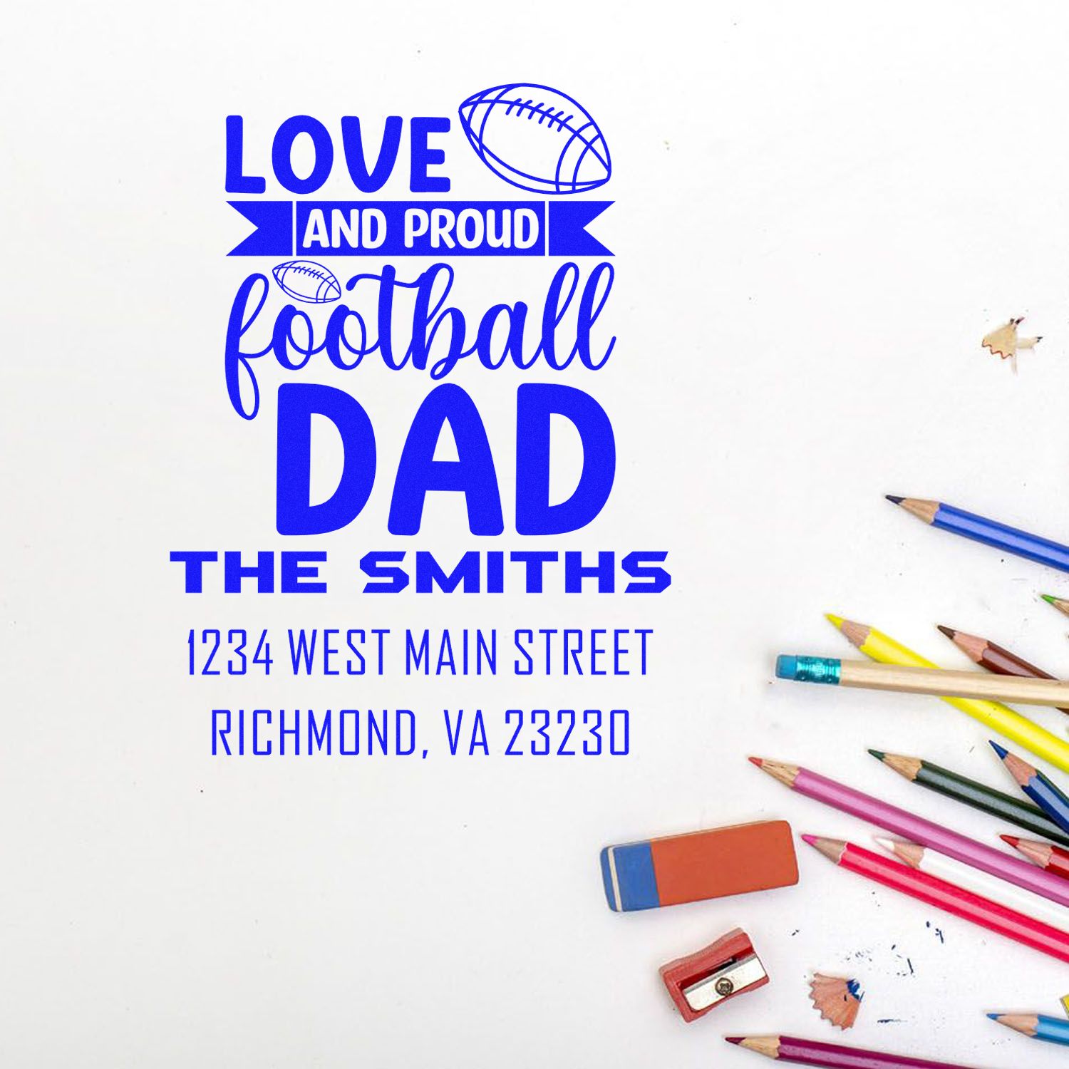 Custom football dad rubber stamp with family name, address, and Love and Proud Football Dad wording for mailings.