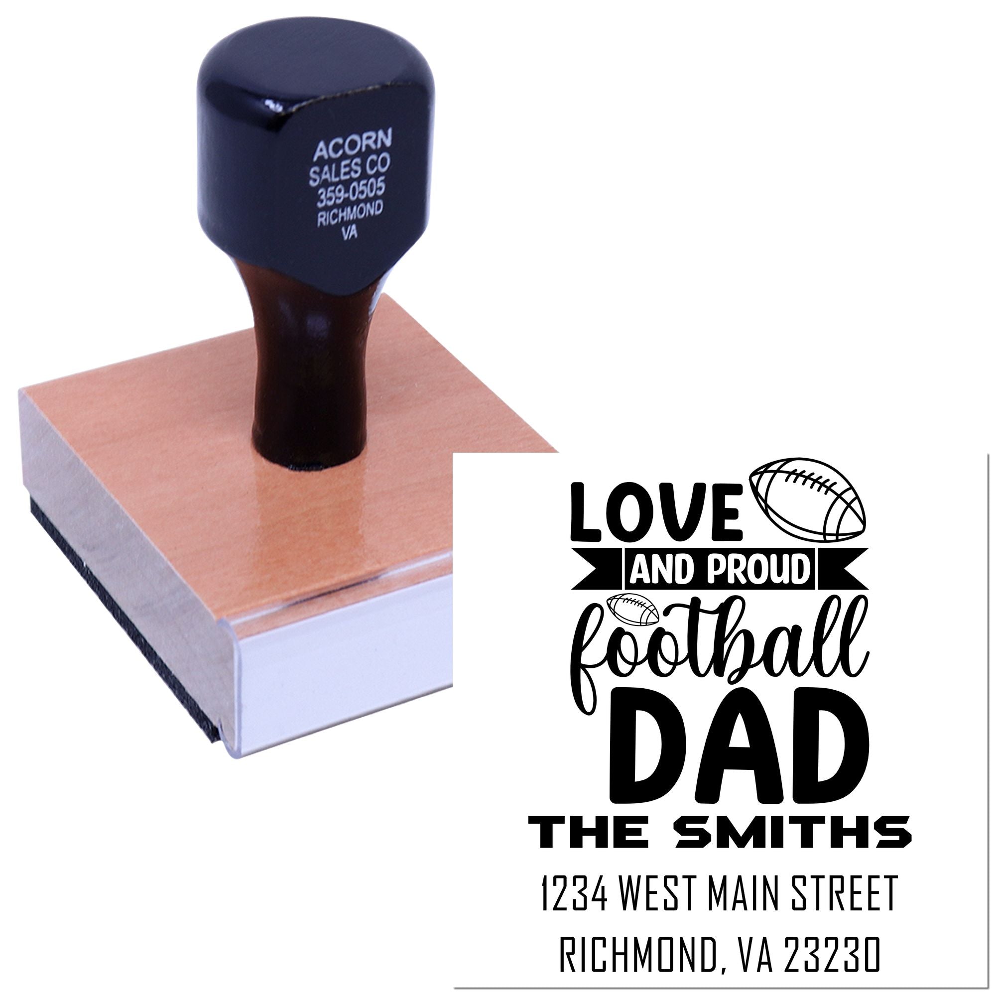 Custom rubber stamp featuring football dad design and return address, ideal for personalized gifts, cards, and packaging.