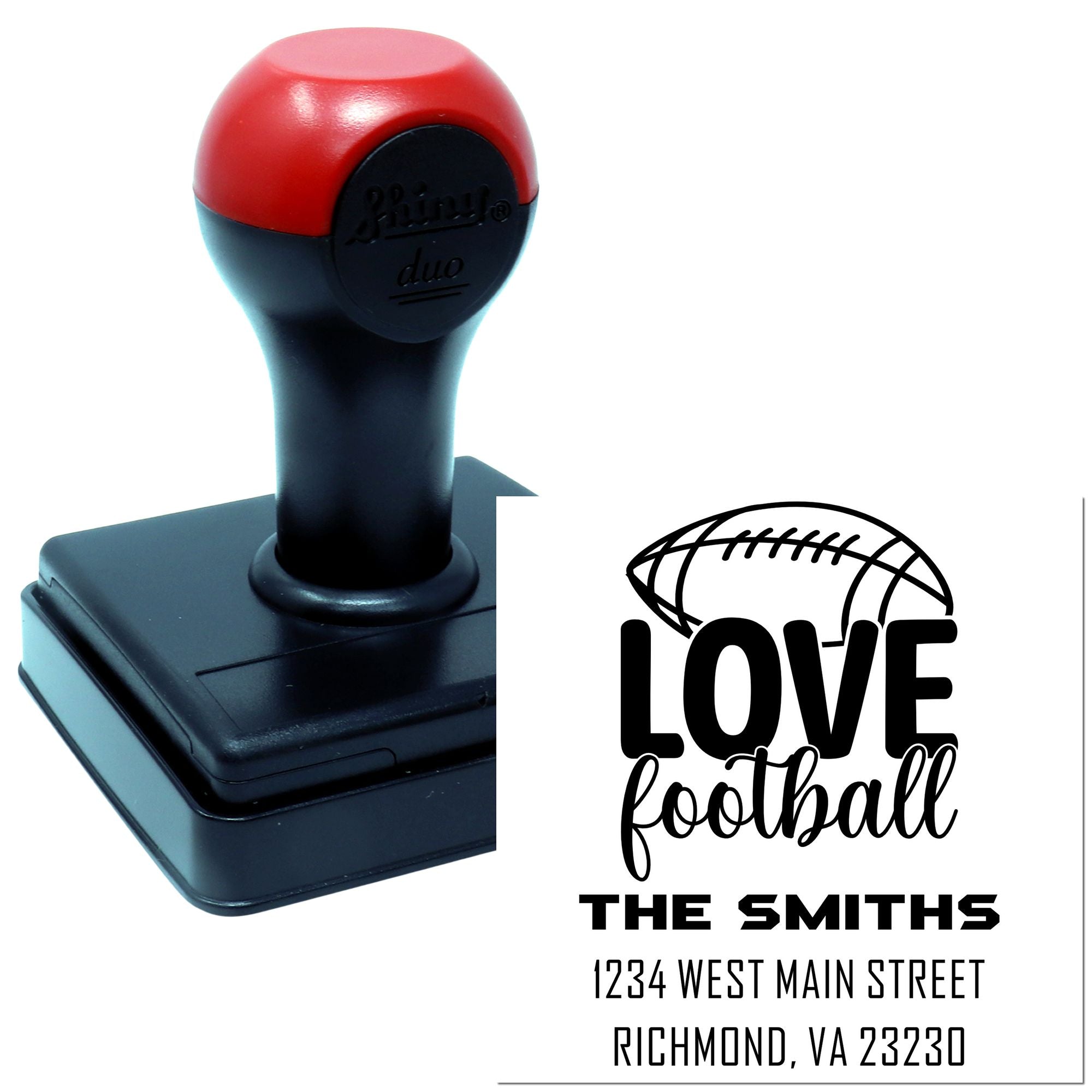 Custom football address rubber stamp with Love Football, The Smiths, and Richmond, VA personalized family imprint.