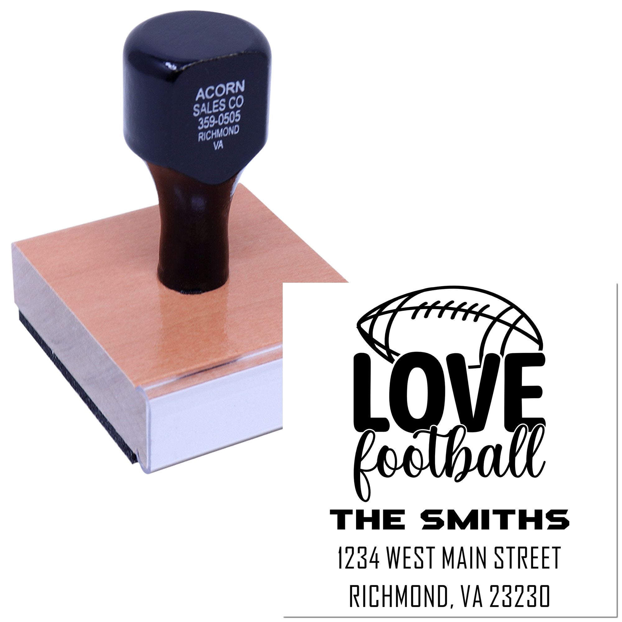 Custom football love rubber stamp for The Smiths with address, ideal for personalized mail, cards, and craft projects.