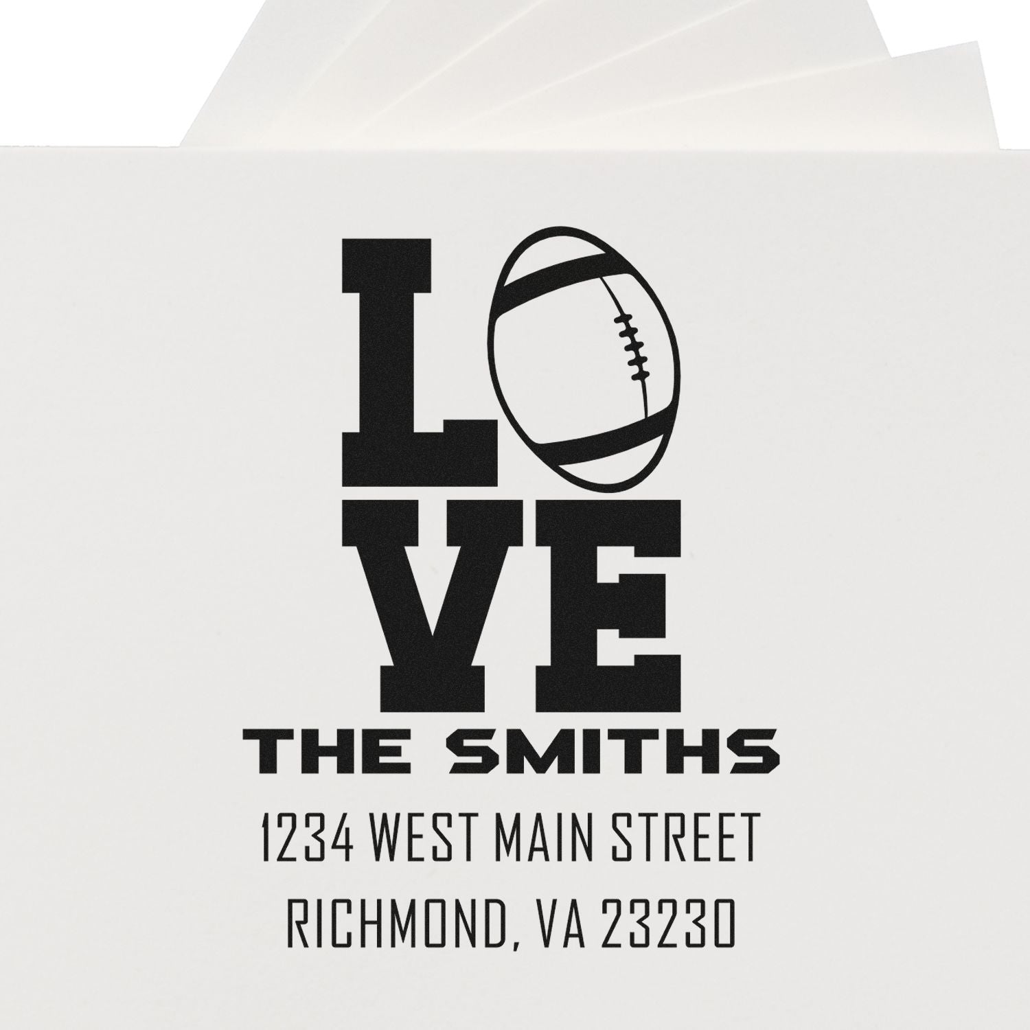 Custom football LOVE return address rubber stamp for The Smiths, Richmond, VA.