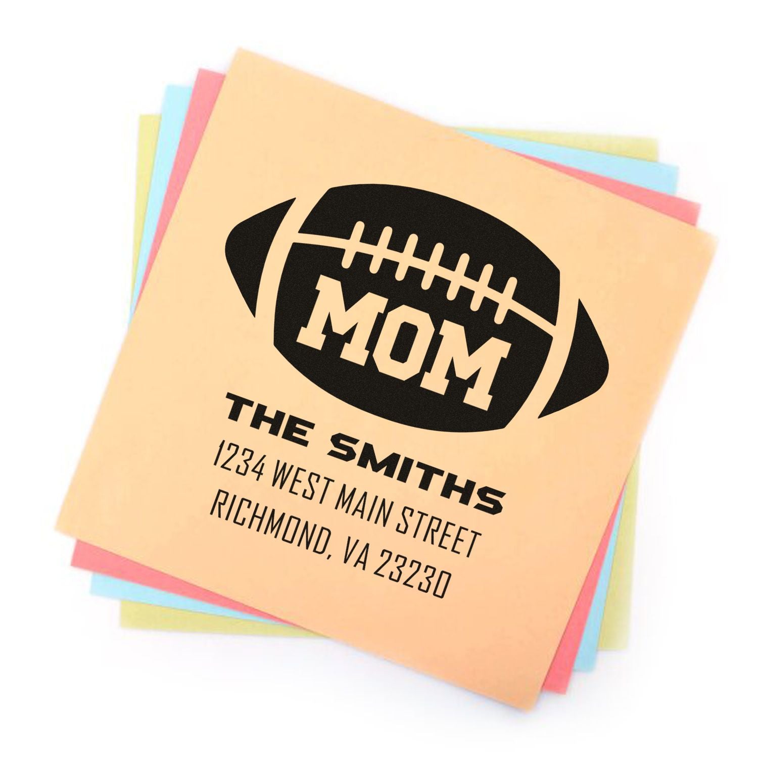 Personalized football mom address rubber stamp for custom stationery, mailing labels, and team-themed gifts.