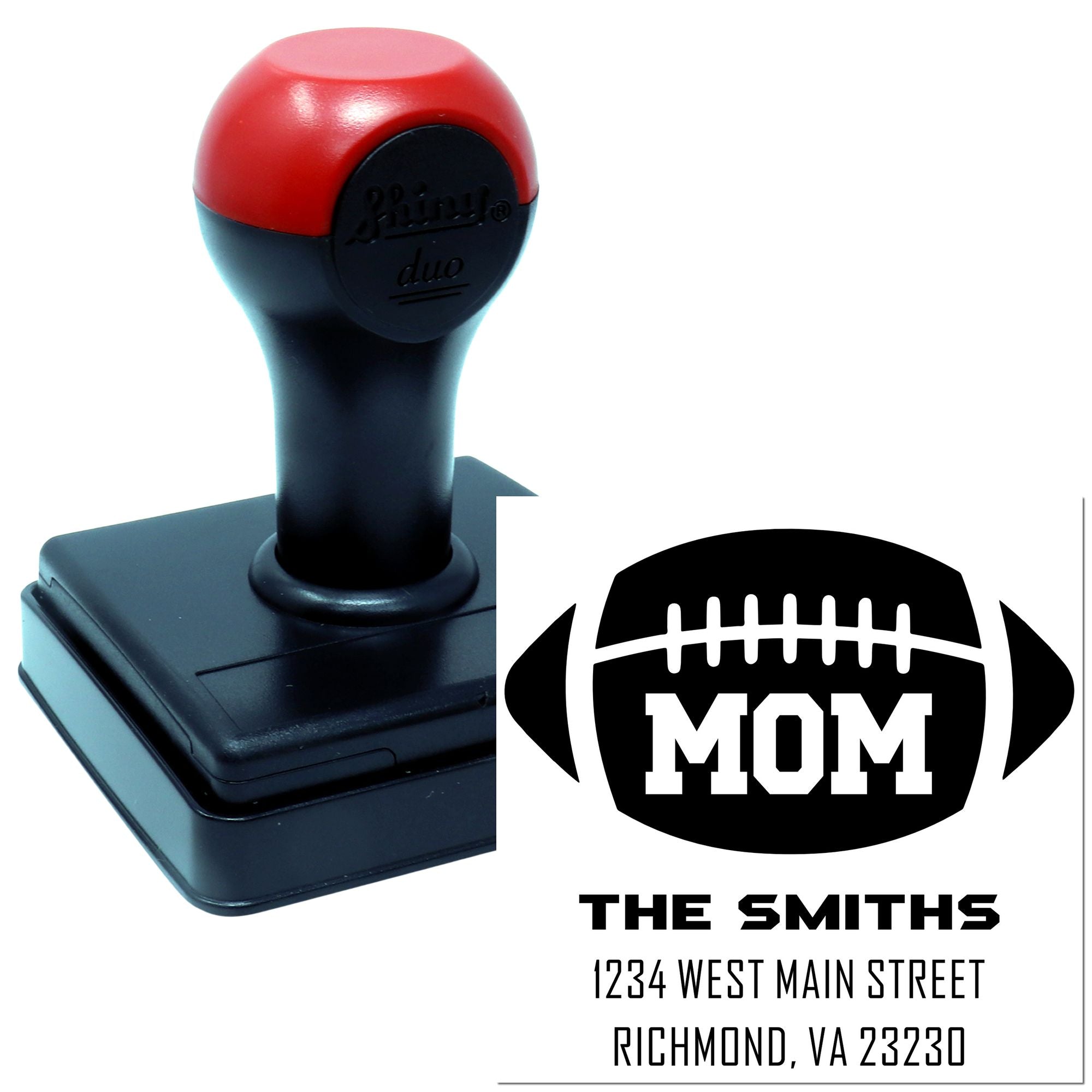 Custom self-inking rubber stamp with football MOM return-address design for The Smiths, Richmond, VA.