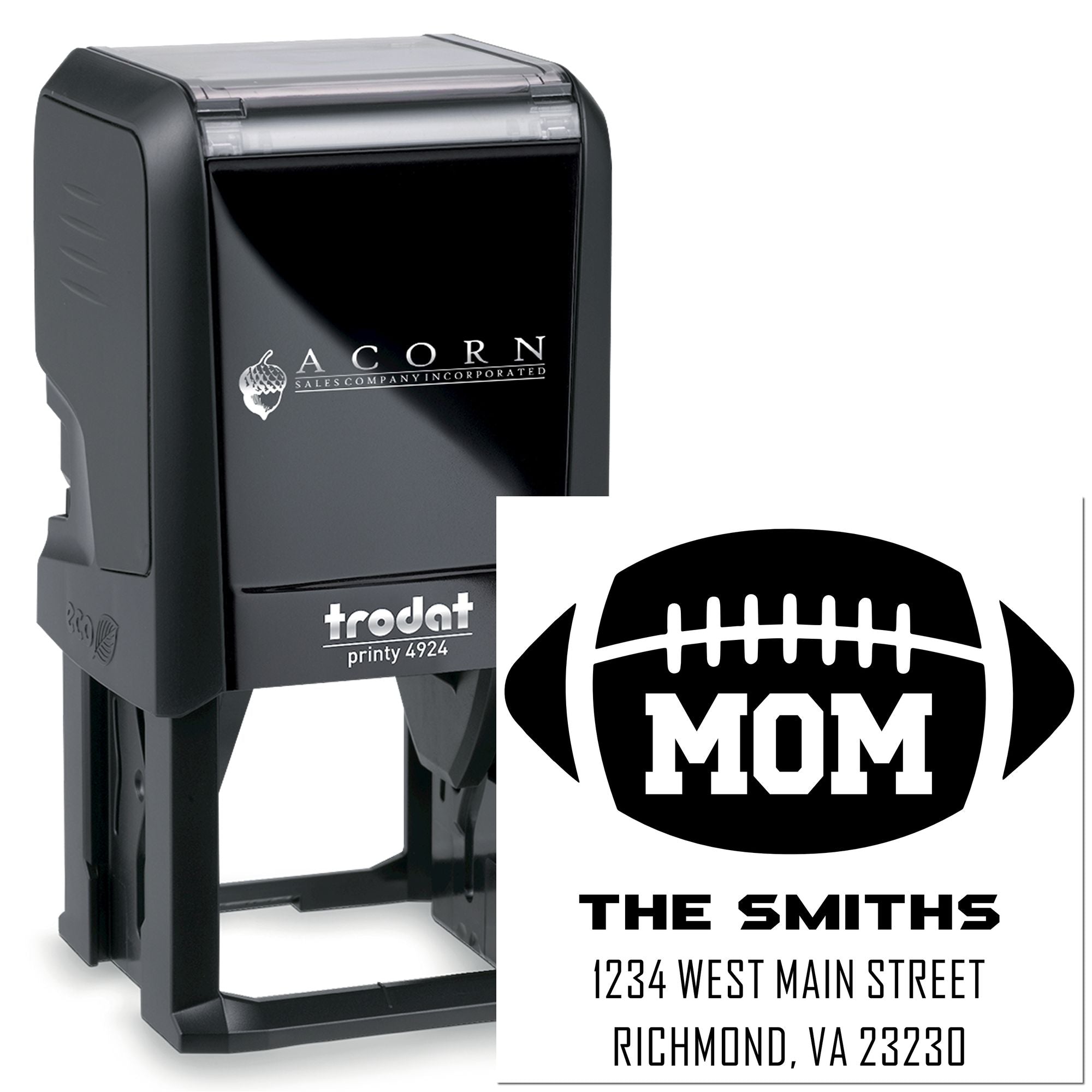 Custom self-inking rubber stamp with football Mom design and personalized return address for The Smiths.