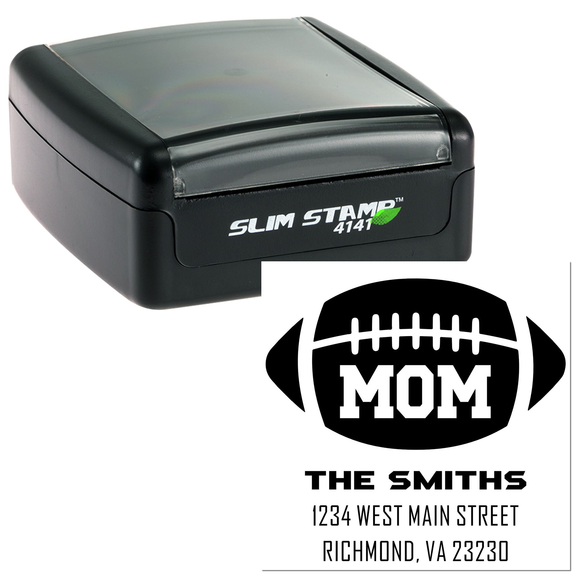 Custom self-inking rubber address stamp with football mom design, The Smiths name, and Richmond, VA return address.
