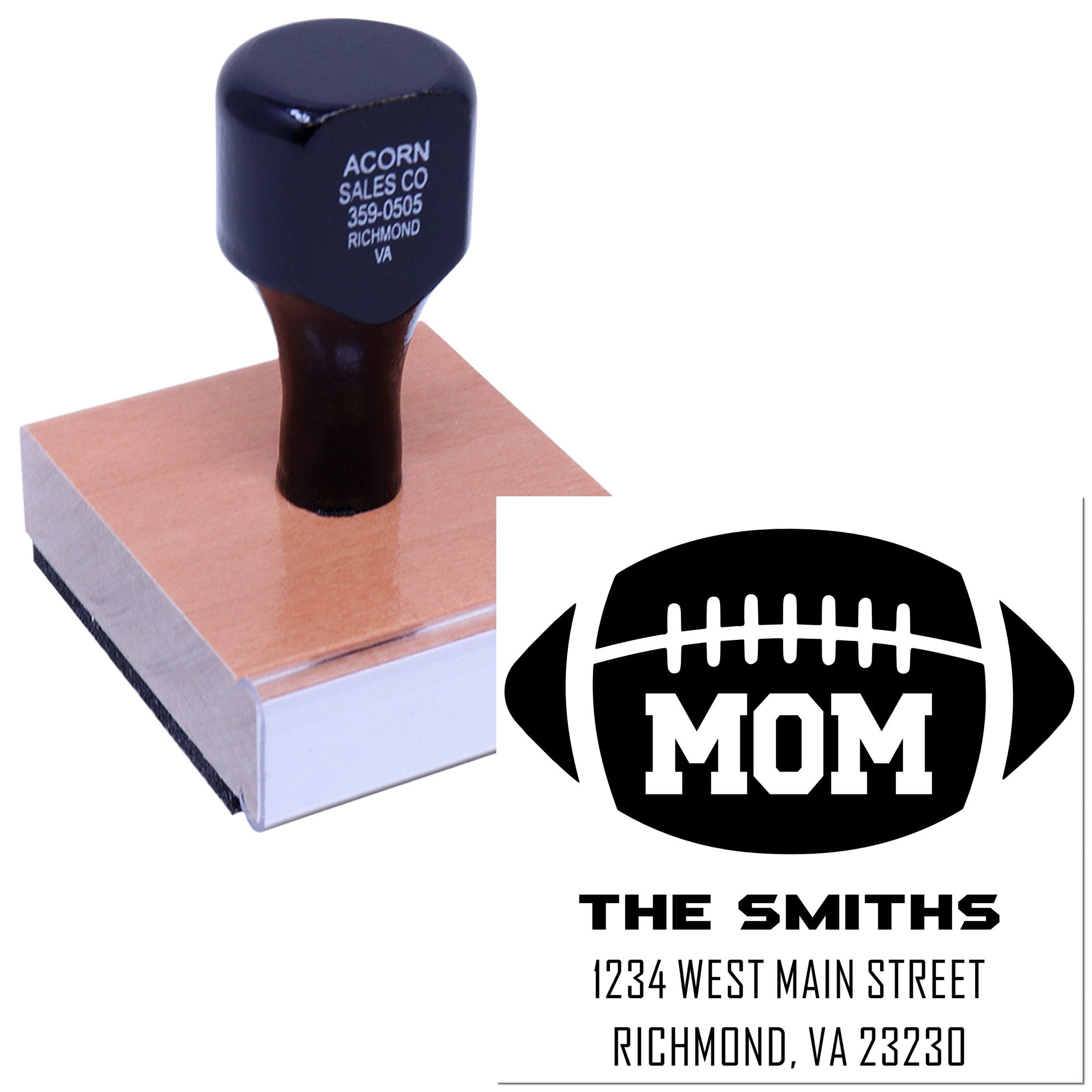 Personalized football mom rubber stamp with return address design for custom envelopes and stationery.