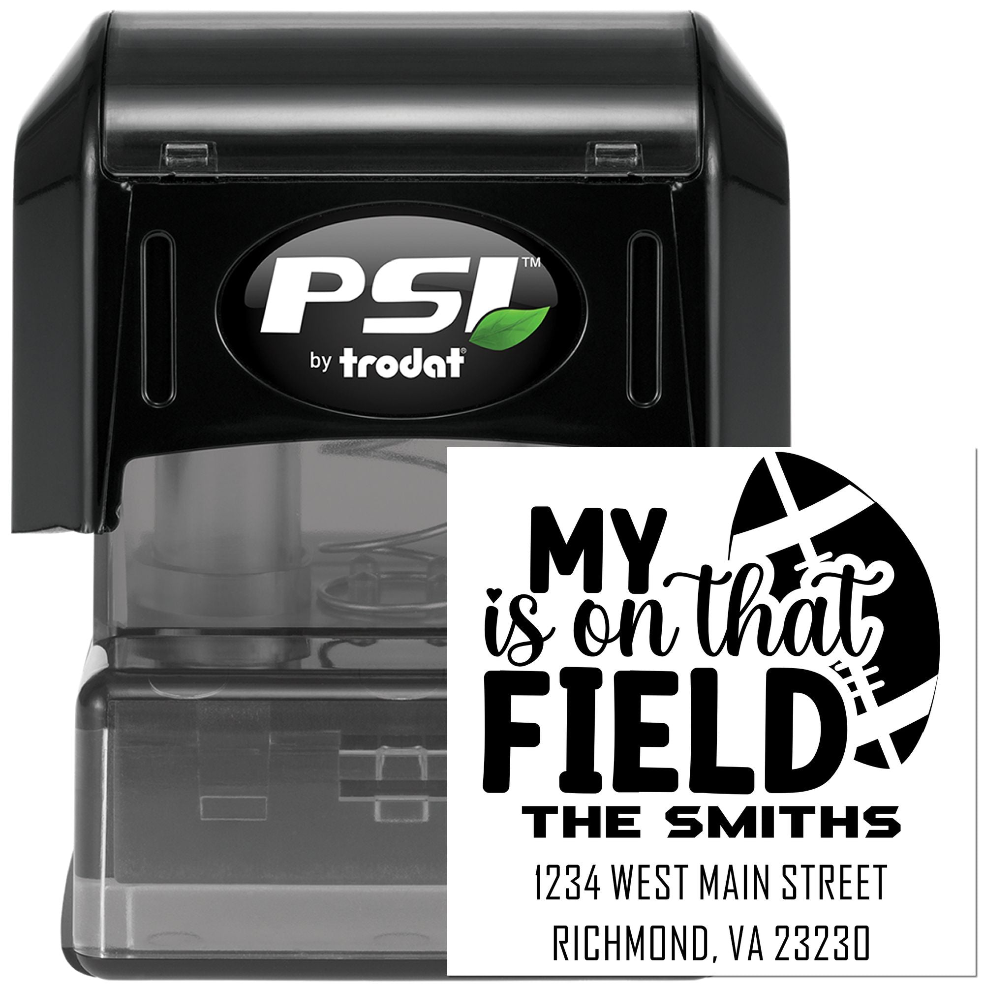 Custom self-inking rubber stamp by PSI Trodat with personalized address design for The Smiths and sports-themed text.