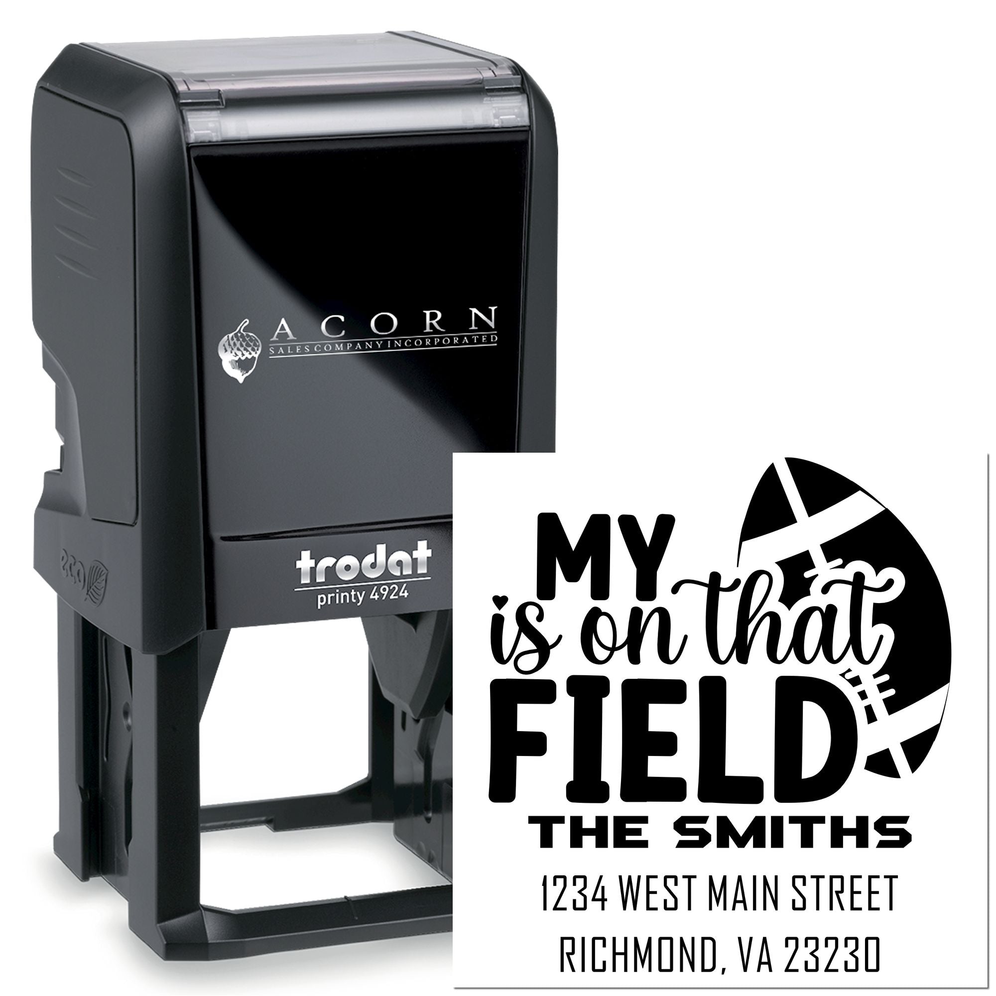 Custom self-inking rubber stamp with personalized return address imprint for The Smiths and field-themed logo.