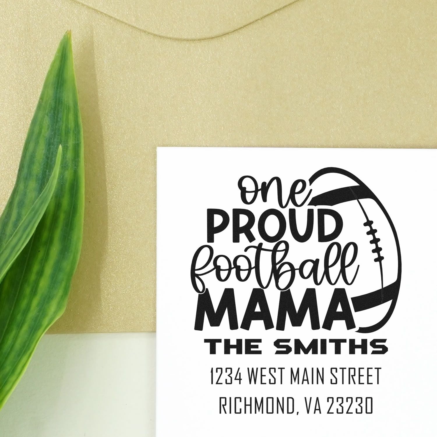 Custom football mama rubber stamp with personalized name and address, perfect for sports mailers, labels, and gifts.