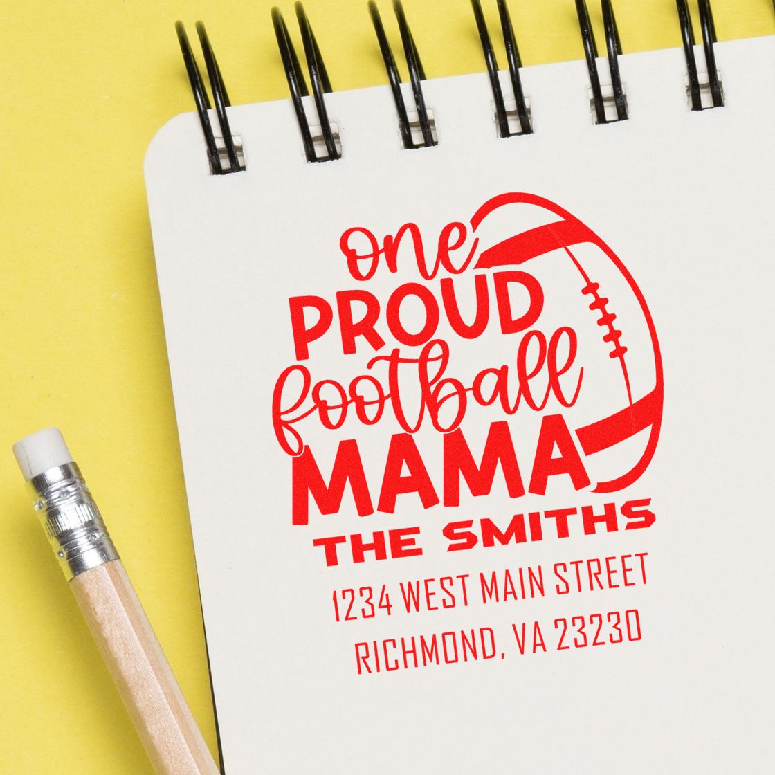 Personalized football mama rubber stamp design with family name and address, ideal for custom sports-themed stationery.