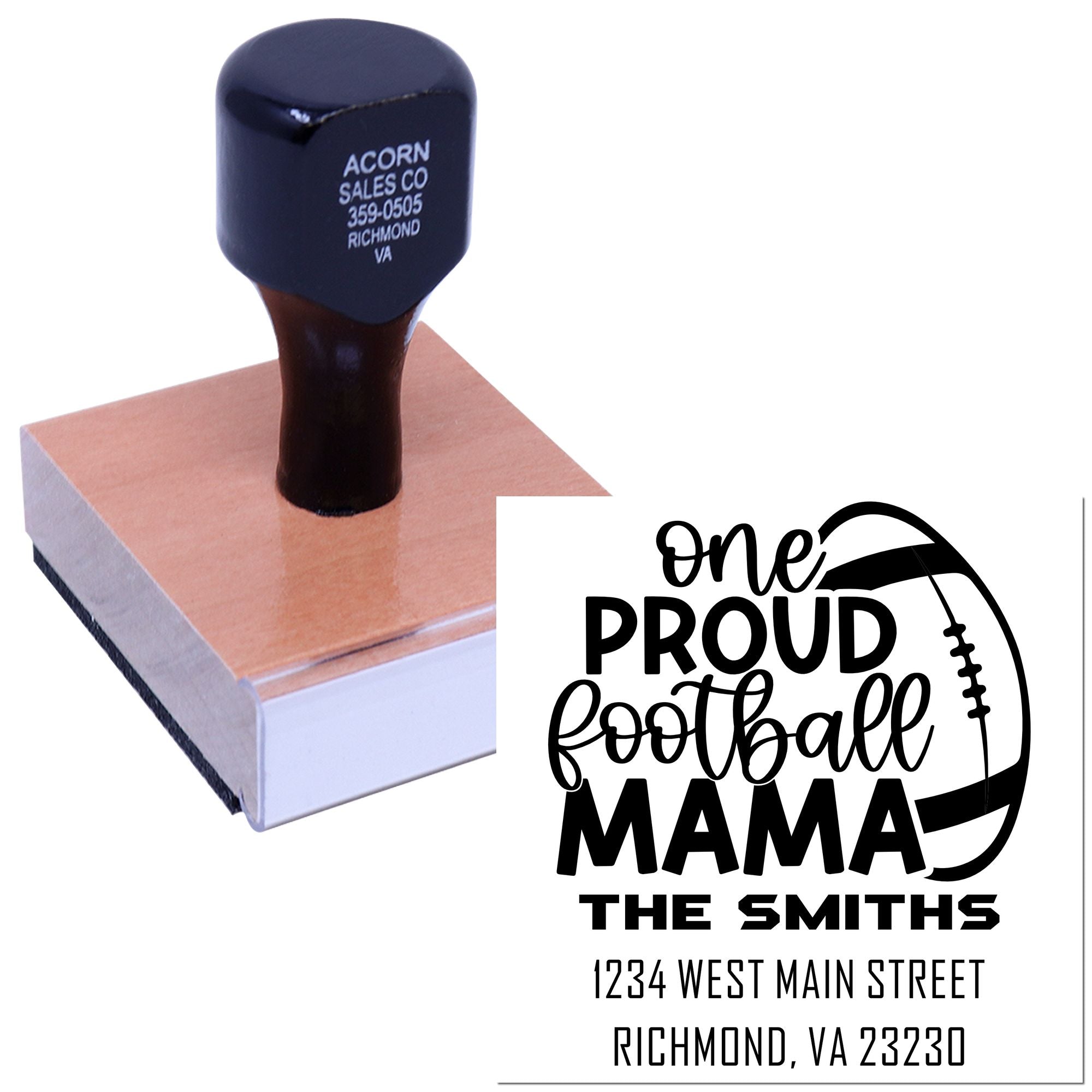 Personalized football mama rubber stamp for custom return address labels, featuring name, address, and sports-themed design.