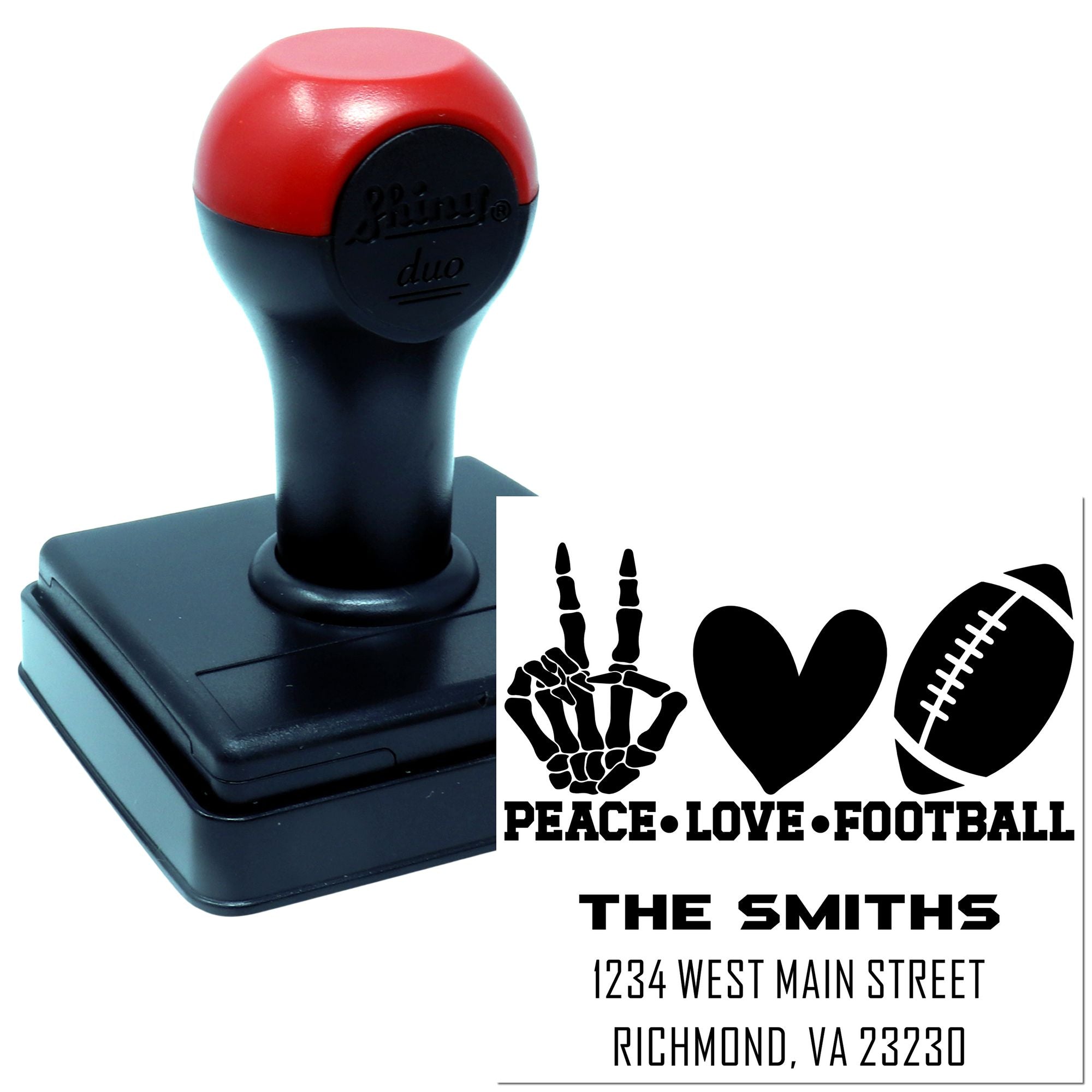 Custom self-inking return address rubber stamp with peace love football design, family name, and mailing address.