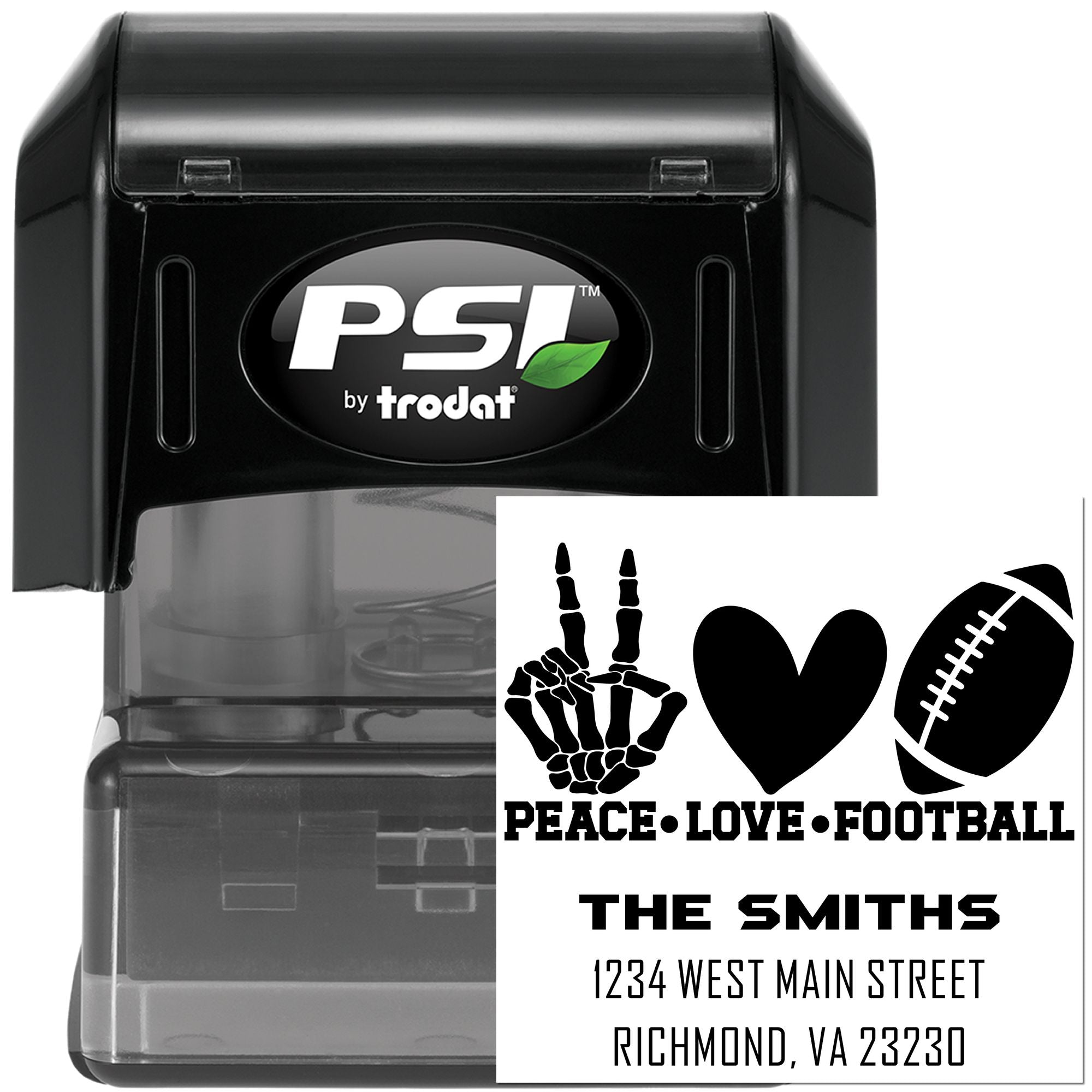 PSI by Trodat self-inking personalized rubber stamp with Peace Love Football design and return address imprint