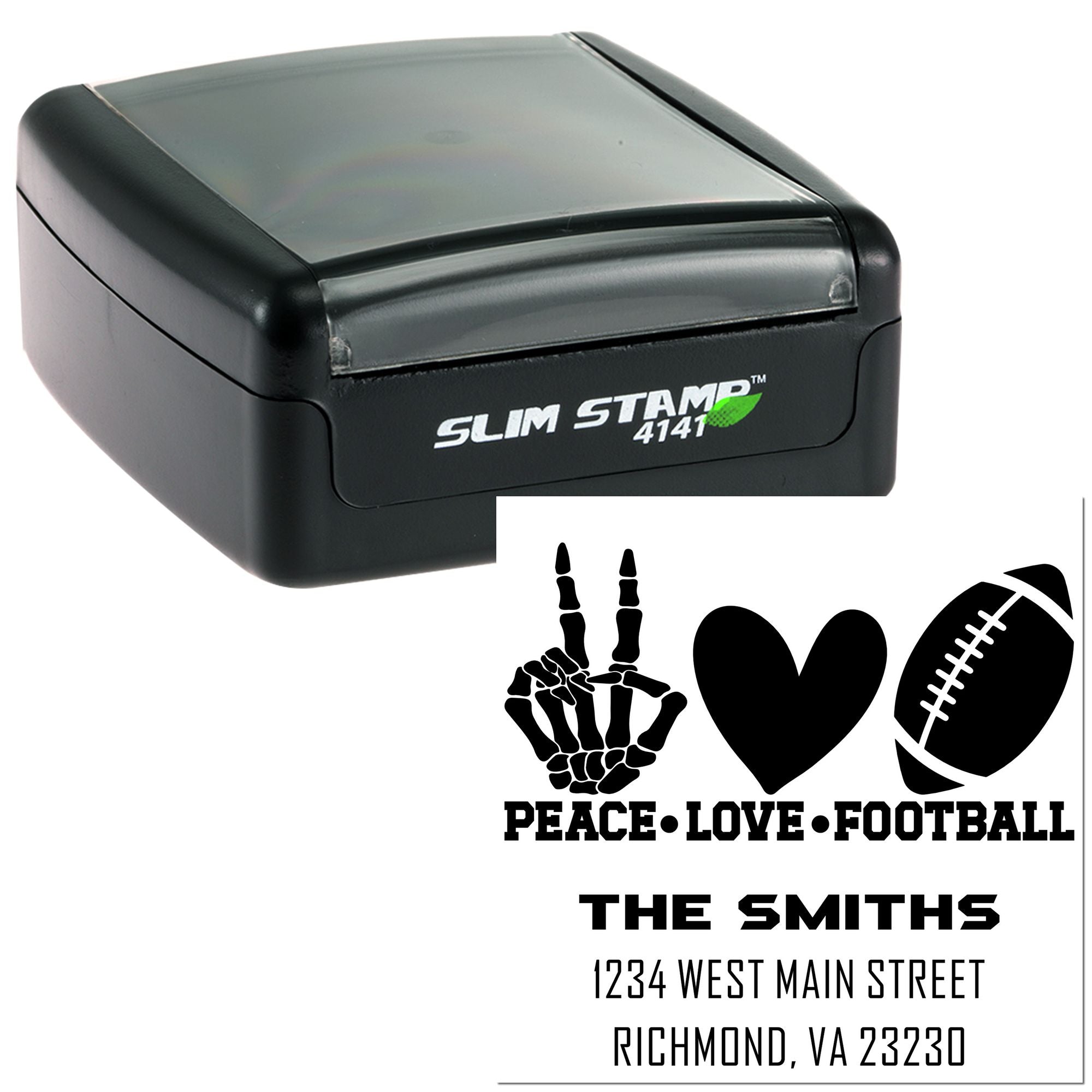 Slim Stamp self-inking rubber stamp showing custom Peace Love Football address stamp design for The Smiths in Richmond, VA.