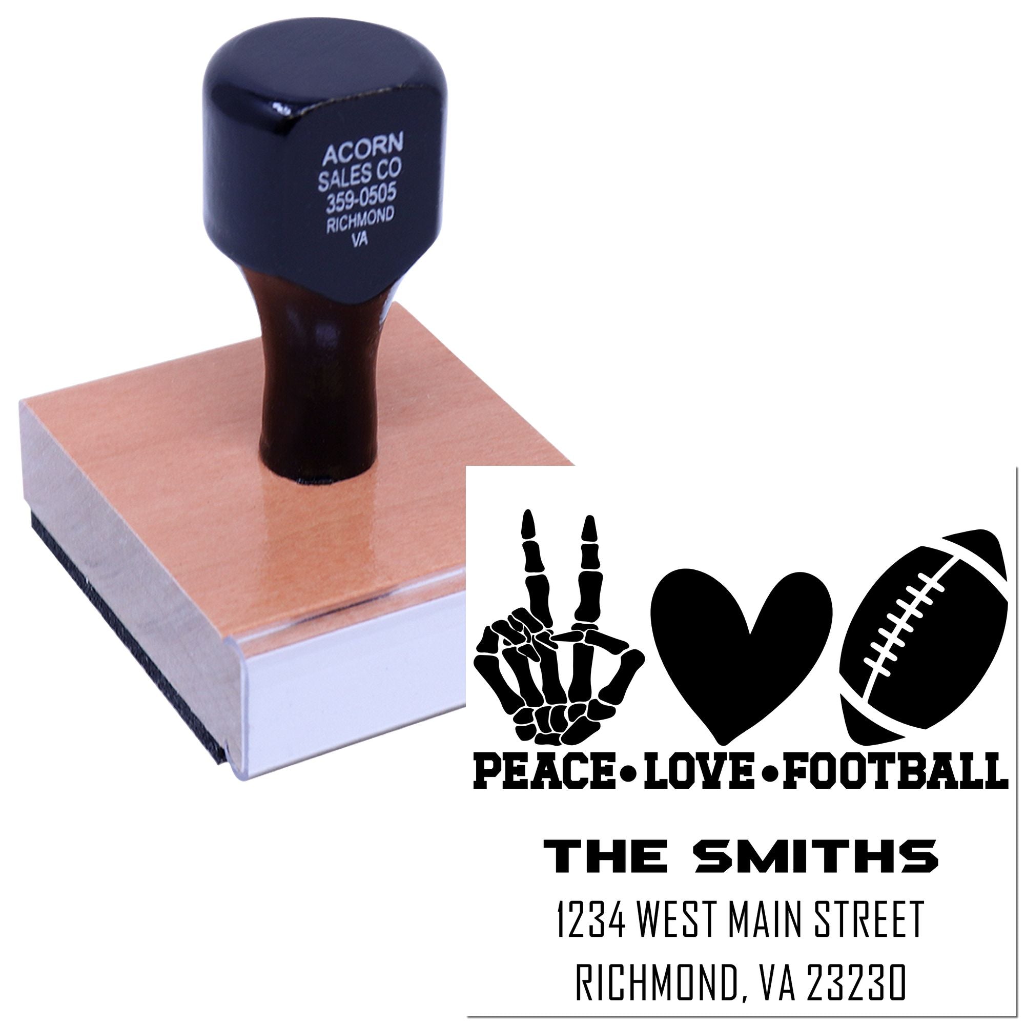 Custom rubber address stamp with peace love football design and The Smiths return address for personalized mail.