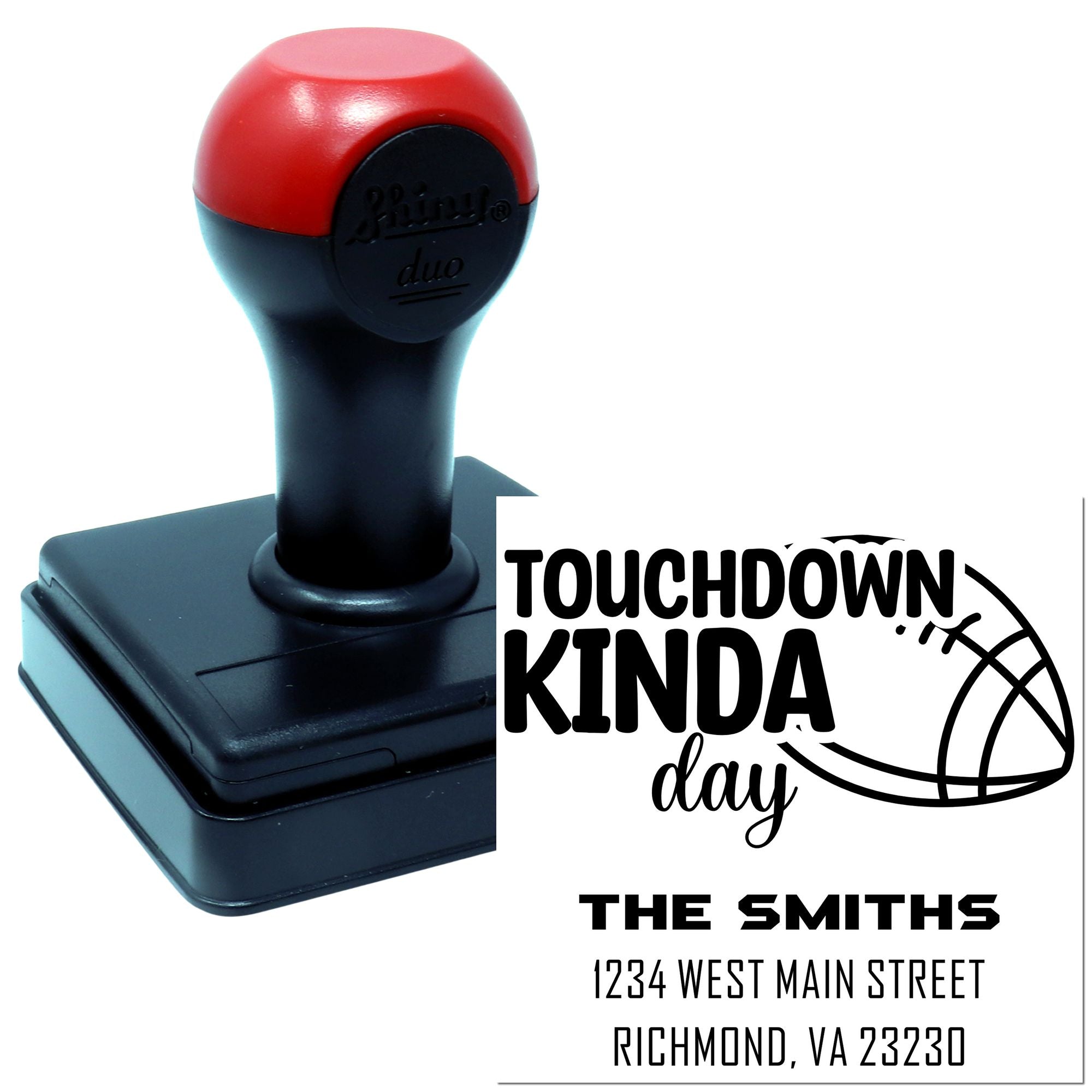 Custom rubber stamp for football-themed address labels: Touchdown Kinda Day with The Smiths, Richmond, VA return address.