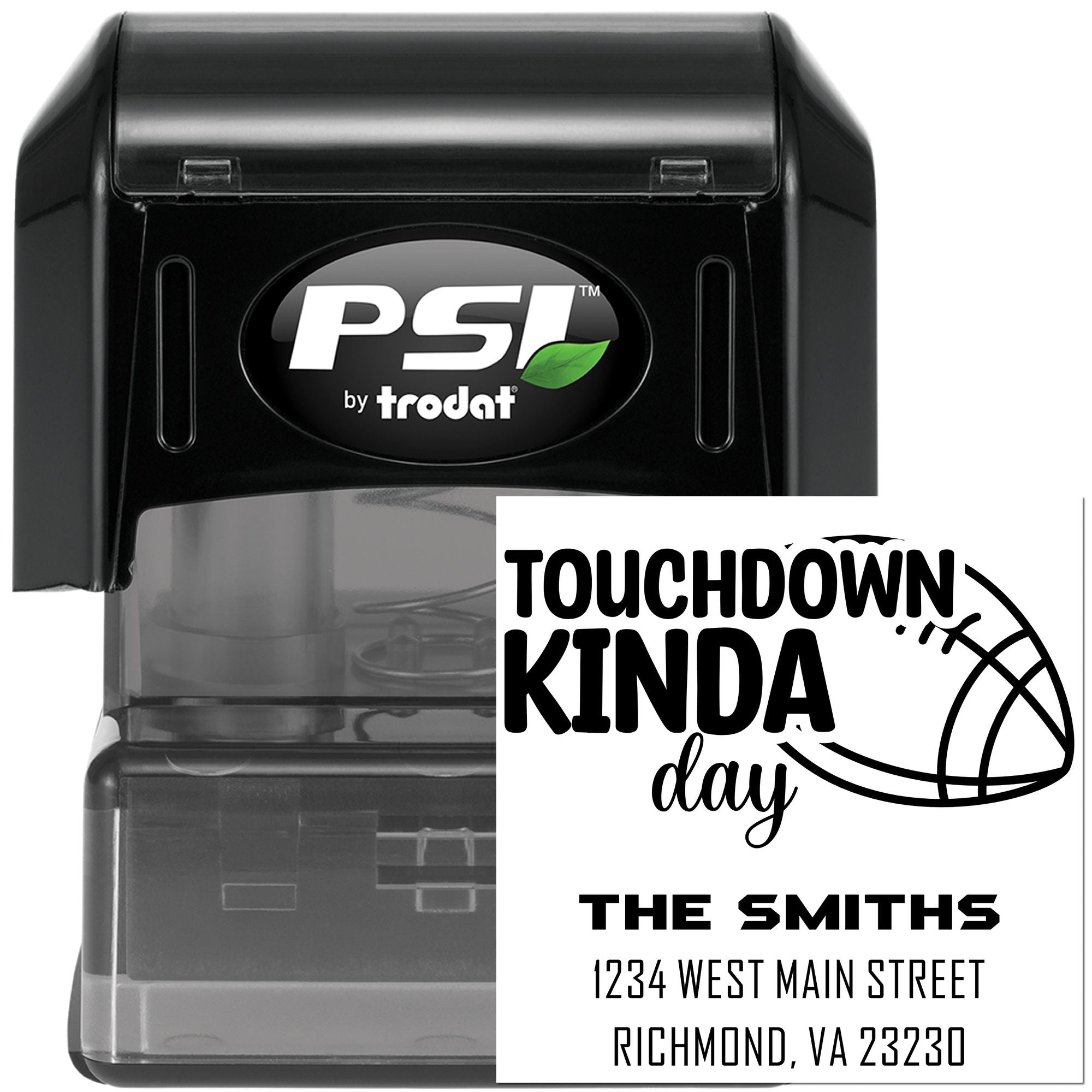Custom football return address rubber stamp with PSI by Trodat self-inking stamp, featuring The Smiths imprint