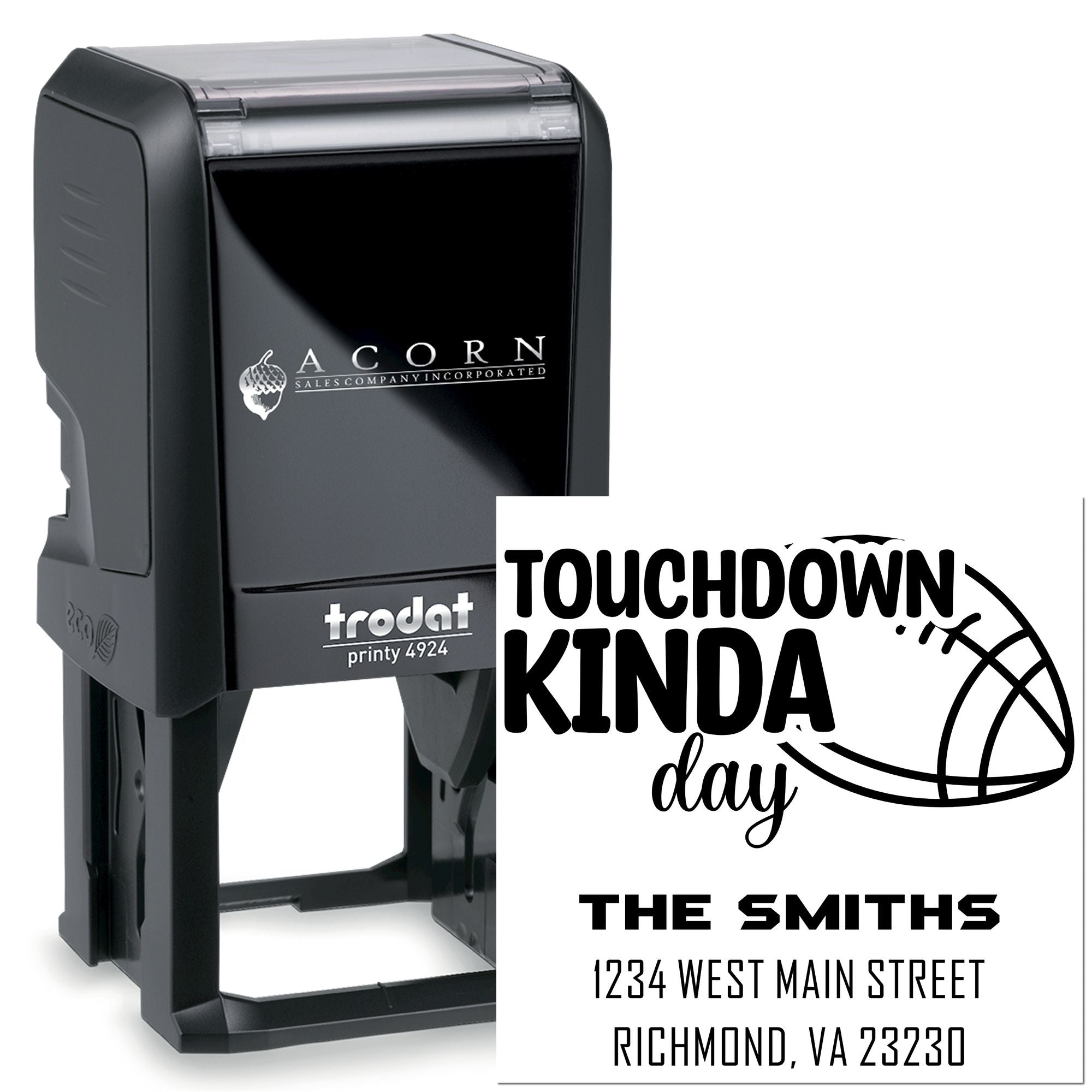 Custom self-inking rubber stamp with football-themed family address imprint, ideal for personalized mailing and crafting.