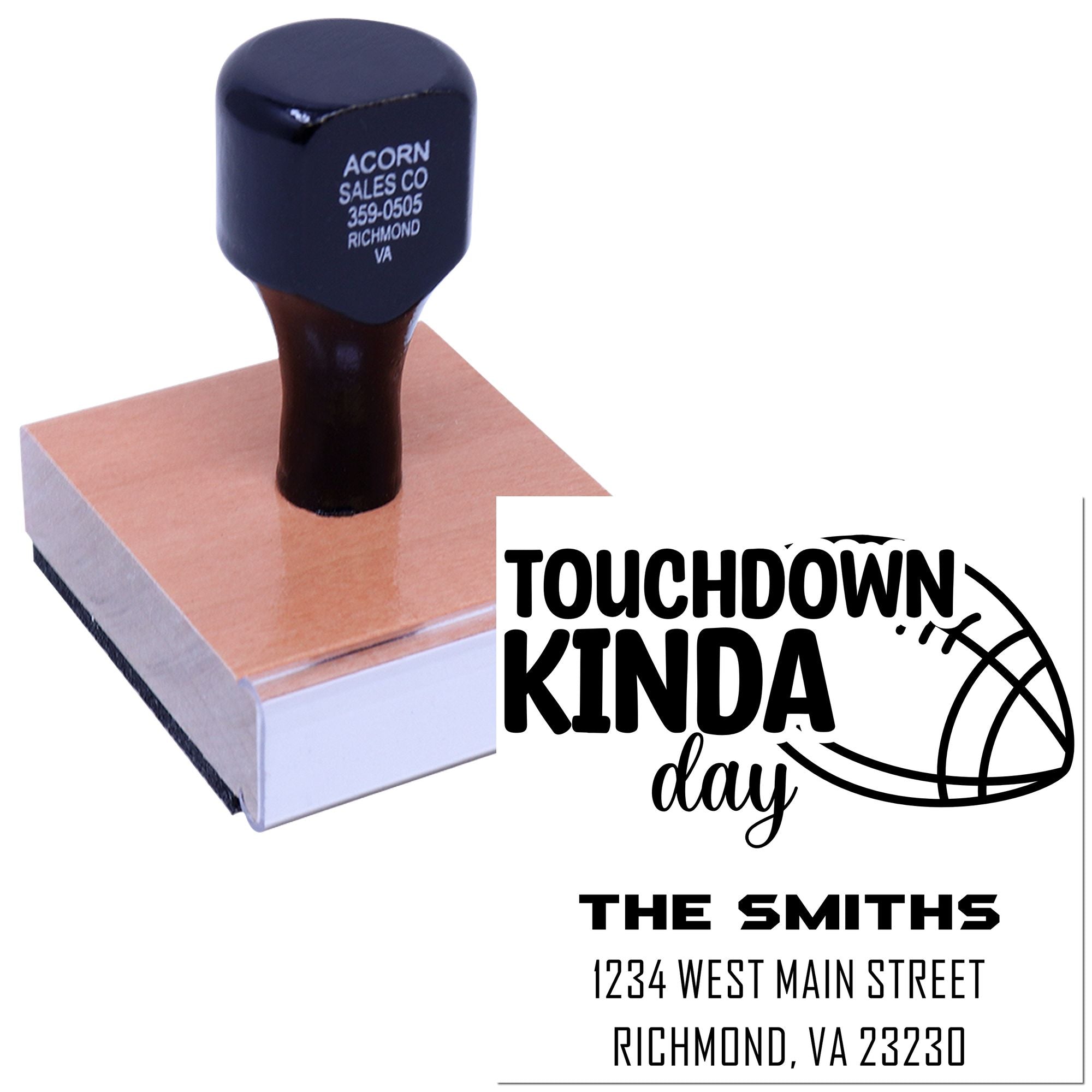 Custom rubber stamp with football Touchdown Kinda Day design and personalized return address for The Smiths.