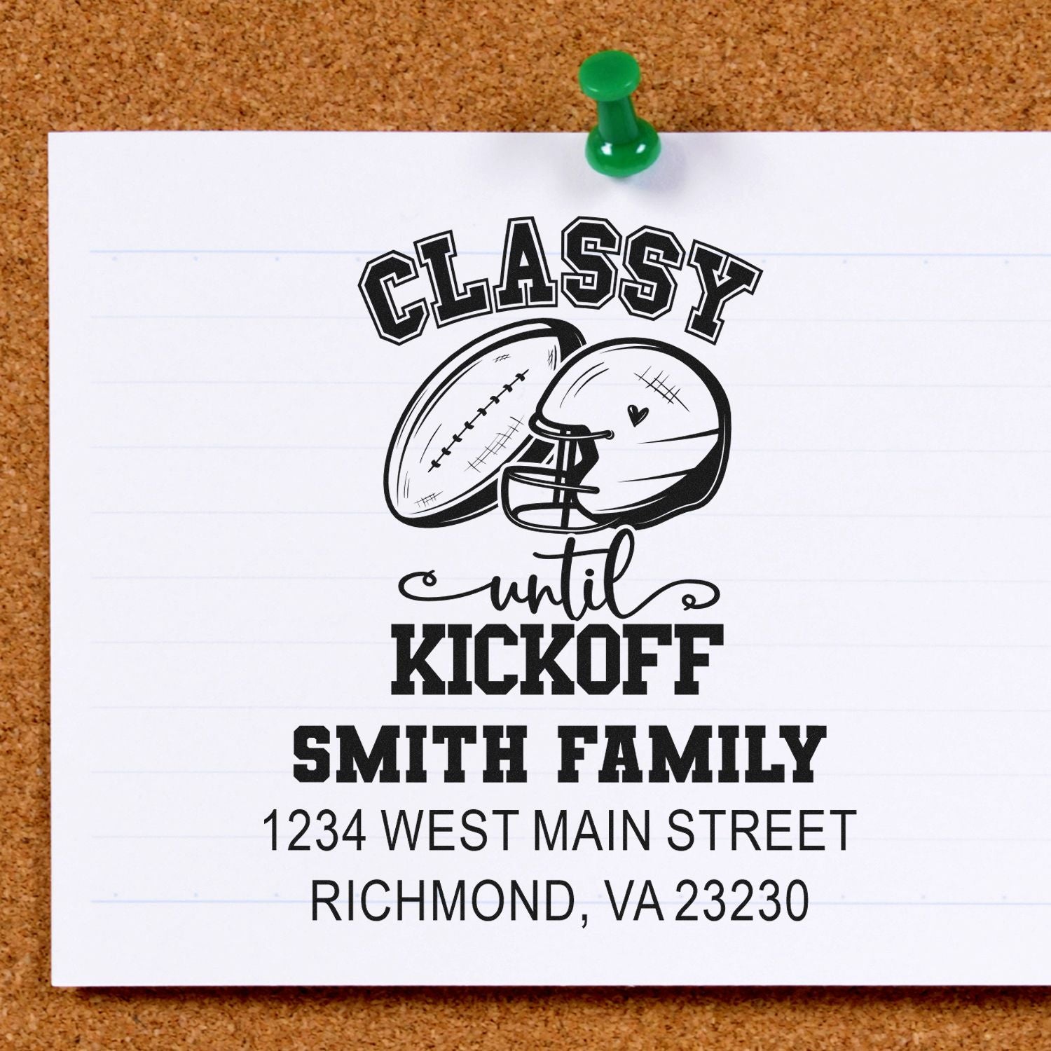 Personalized return address rubber stamp with Classy Until Kickoff football helmet design for the Smith Family.