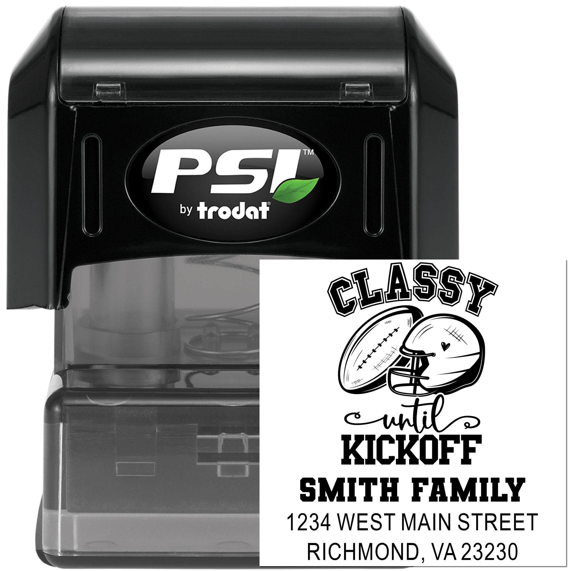 Custom football address rubber stamp with PSI by Trodat self-inking stamp for Classy Until Kickoff Smith family return address.