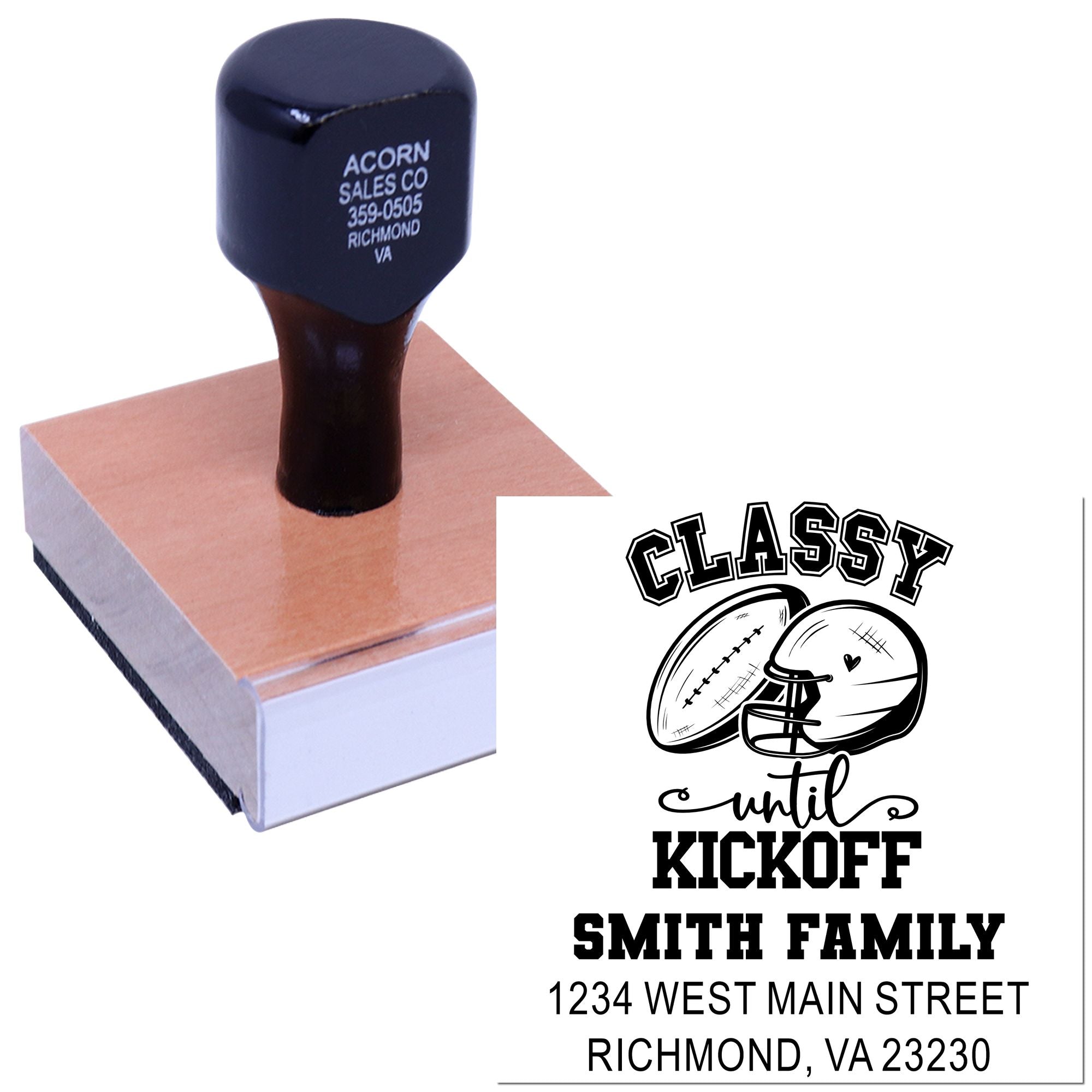 Custom football rubber stamp with Classy Until Kickoff design for personalized family address and sports-themed mailers