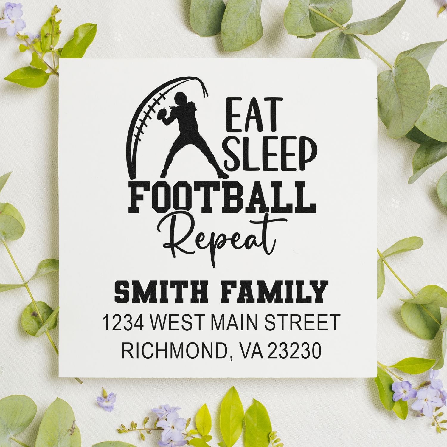 Personalized football address rubber stamp with Eat Sleep Football Repeat for Smith family mail, gifts, and sports-themed branding.